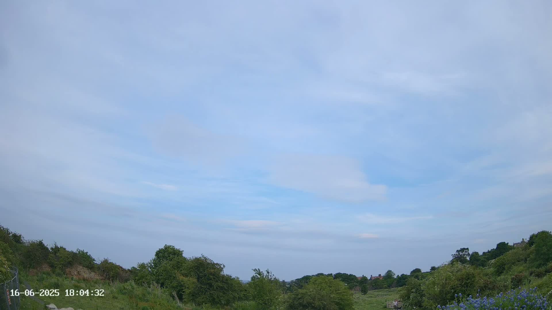 A mostly clear, light blue sky above a gently sloping landscape of green vegetation.