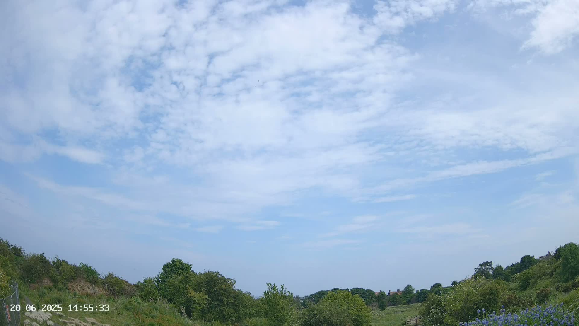 A mostly sunny sky with scattered clouds overlooks a landscape of green hills and vegetation, including a patch of purple flowers in the foreground.