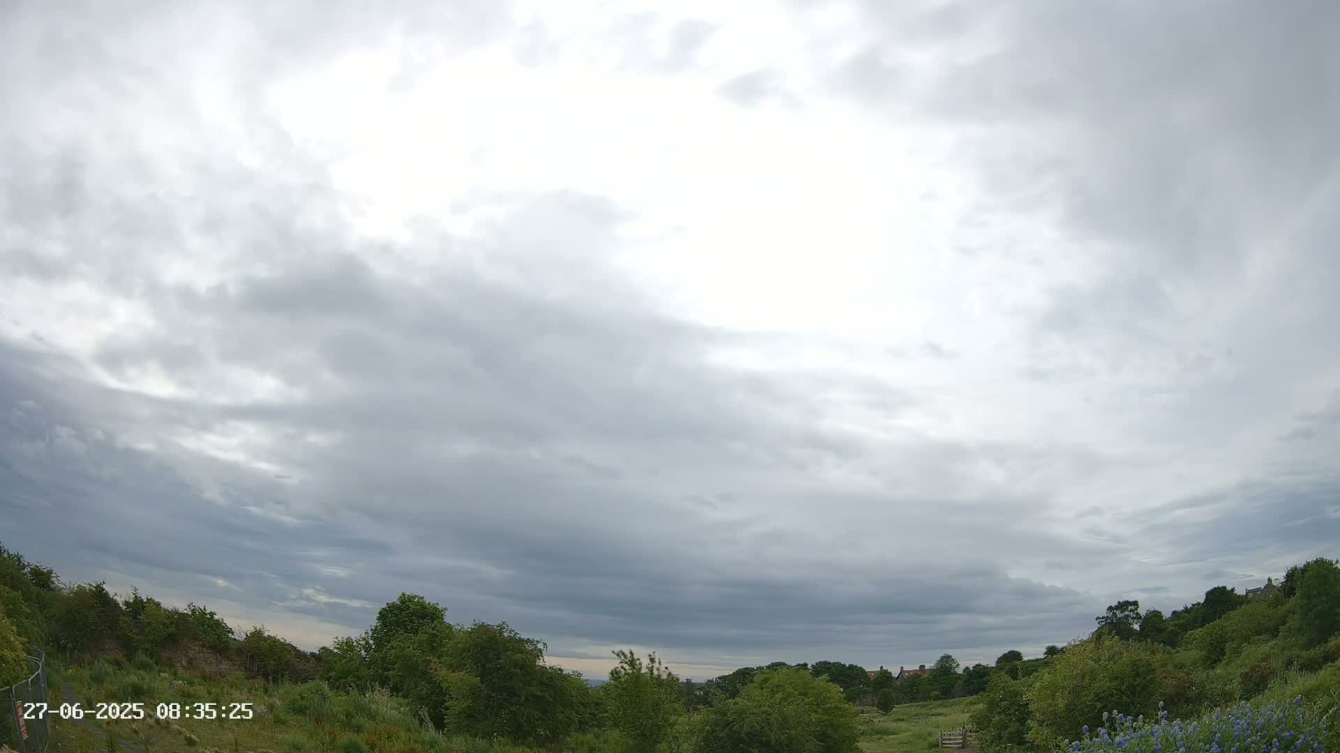 A mostly cloudy sky hangs over a landscape of green trees and shrubs, with a hint of a distant village visible in the background.