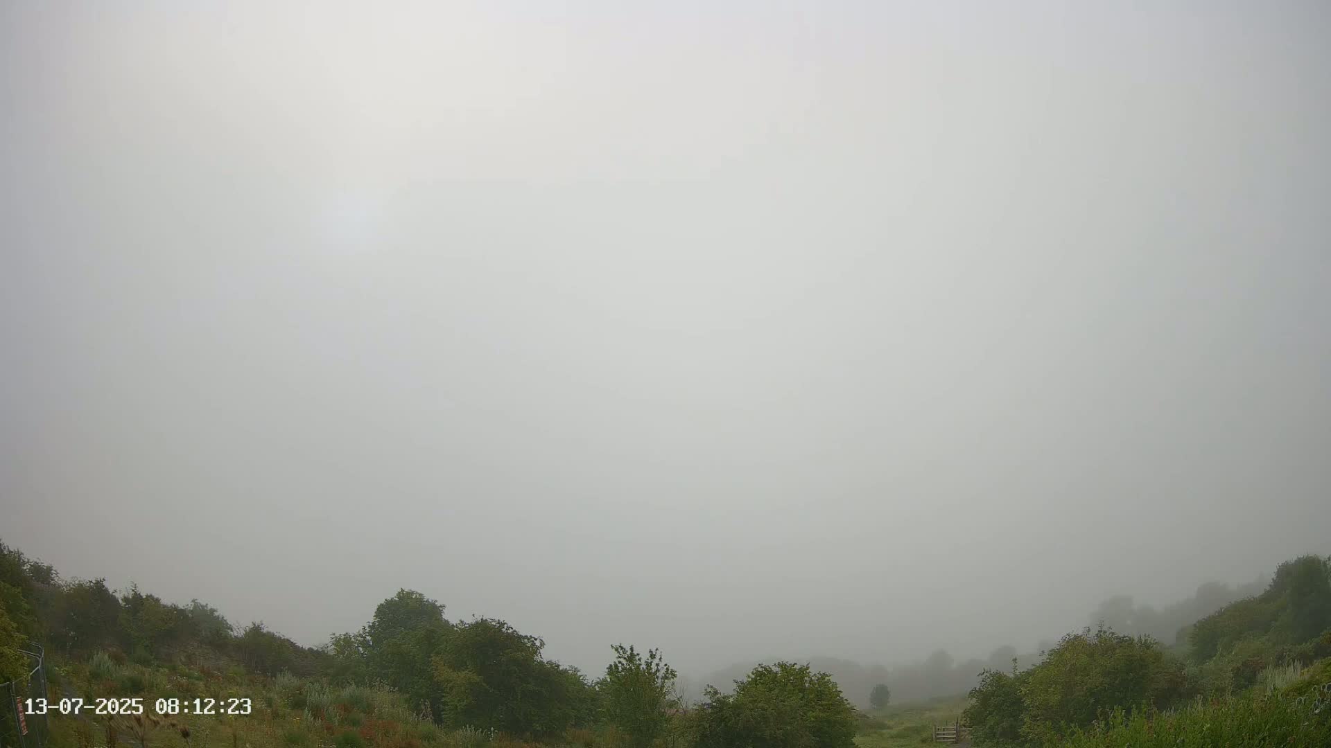 A foggy landscape shows a low-lying valley filled with green vegetation.