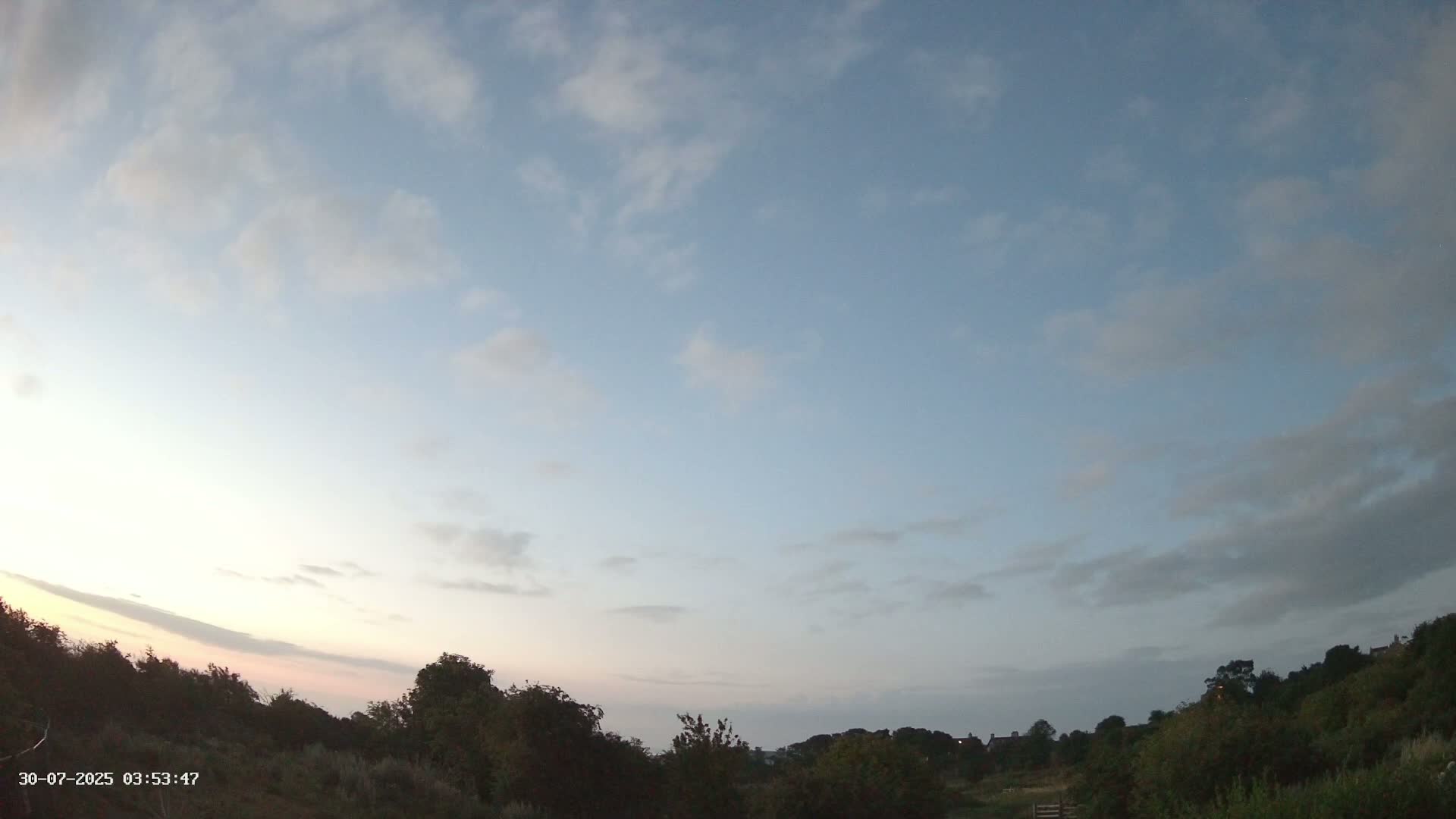 A bright sun shines in a mostly clear blue sky over a low-lying expanse of green vegetation.