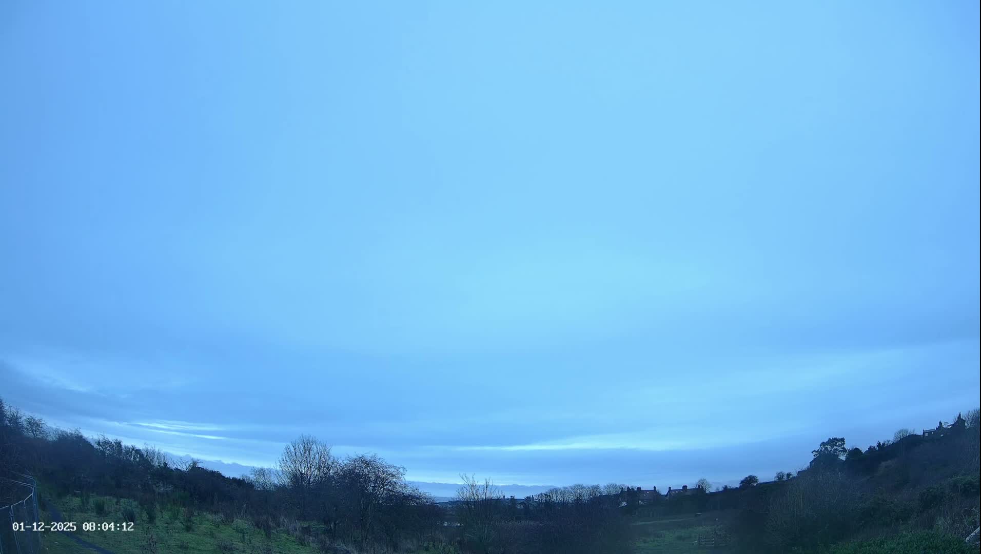 An overcast early morning reveals a wide-angle view of a valley with mostly bare trees, patches of green grass, and houses scattered on distant slopes under a uniform pale blue-grey sky.