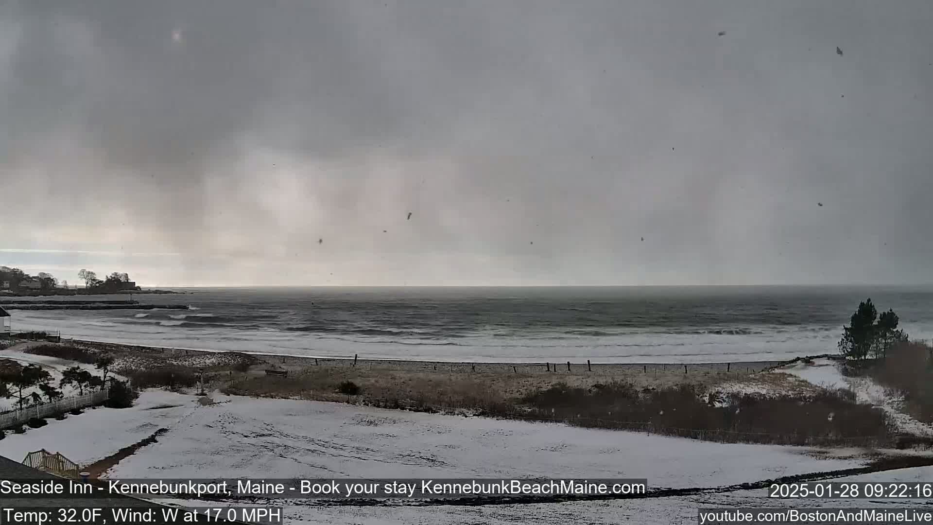 A snow-covered beach scene shows a choppy ocean under an overcast sky with light snow falling.