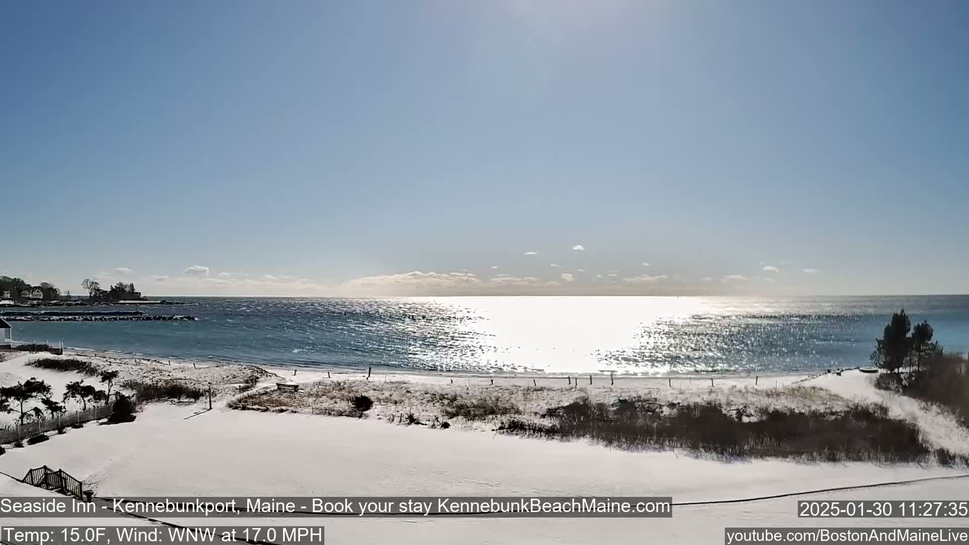 A snow-covered beach stretches to a calm, sunlit ocean under a clear blue sky.