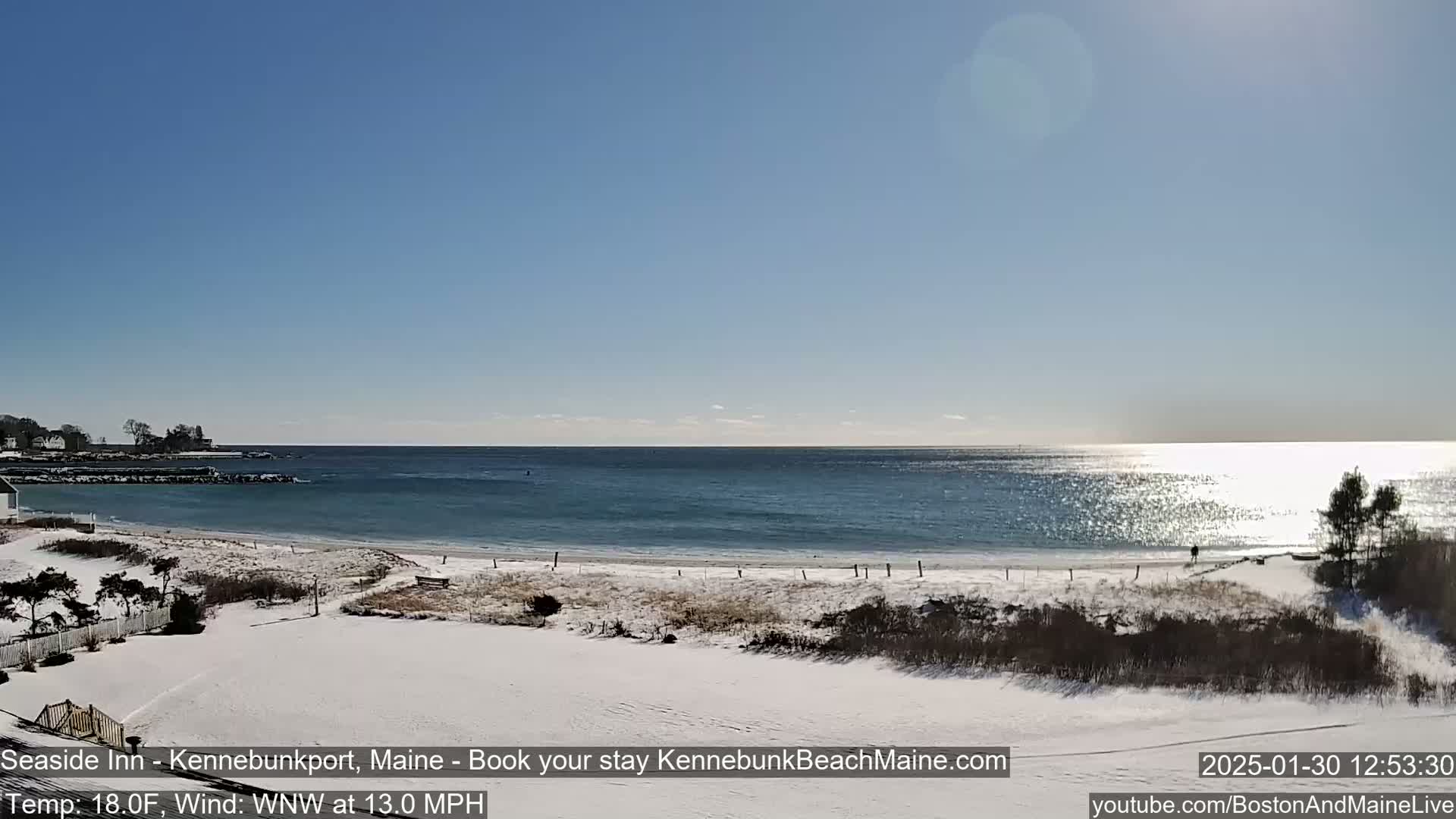 A snow-covered beach stretches along a calm ocean under a clear, sunny sky.