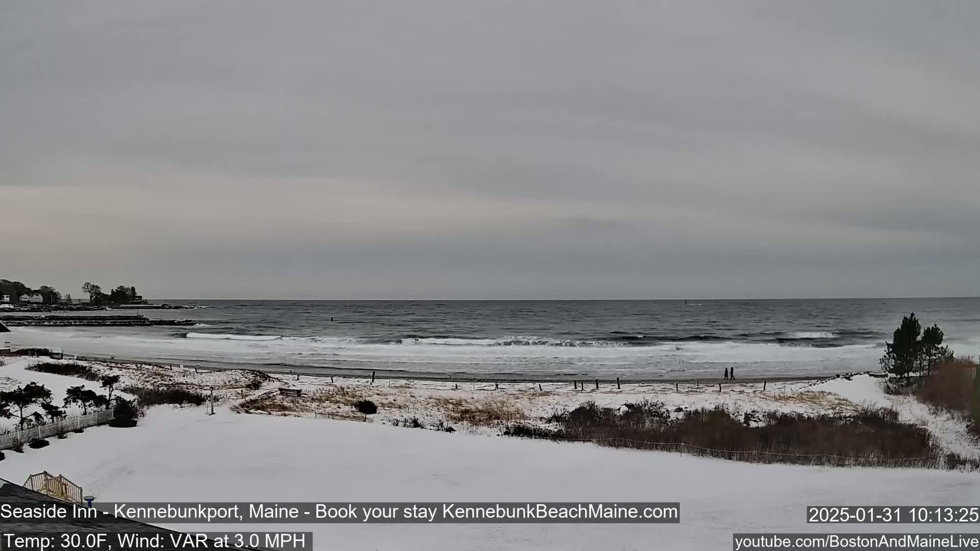 A snow-covered beach with a gray, overcast sky and gentle waves rolling onto the shore.