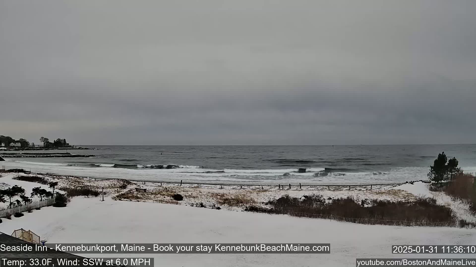A snow-covered beach with a gray, overcast sky and moderate waves rolling onto the shore.