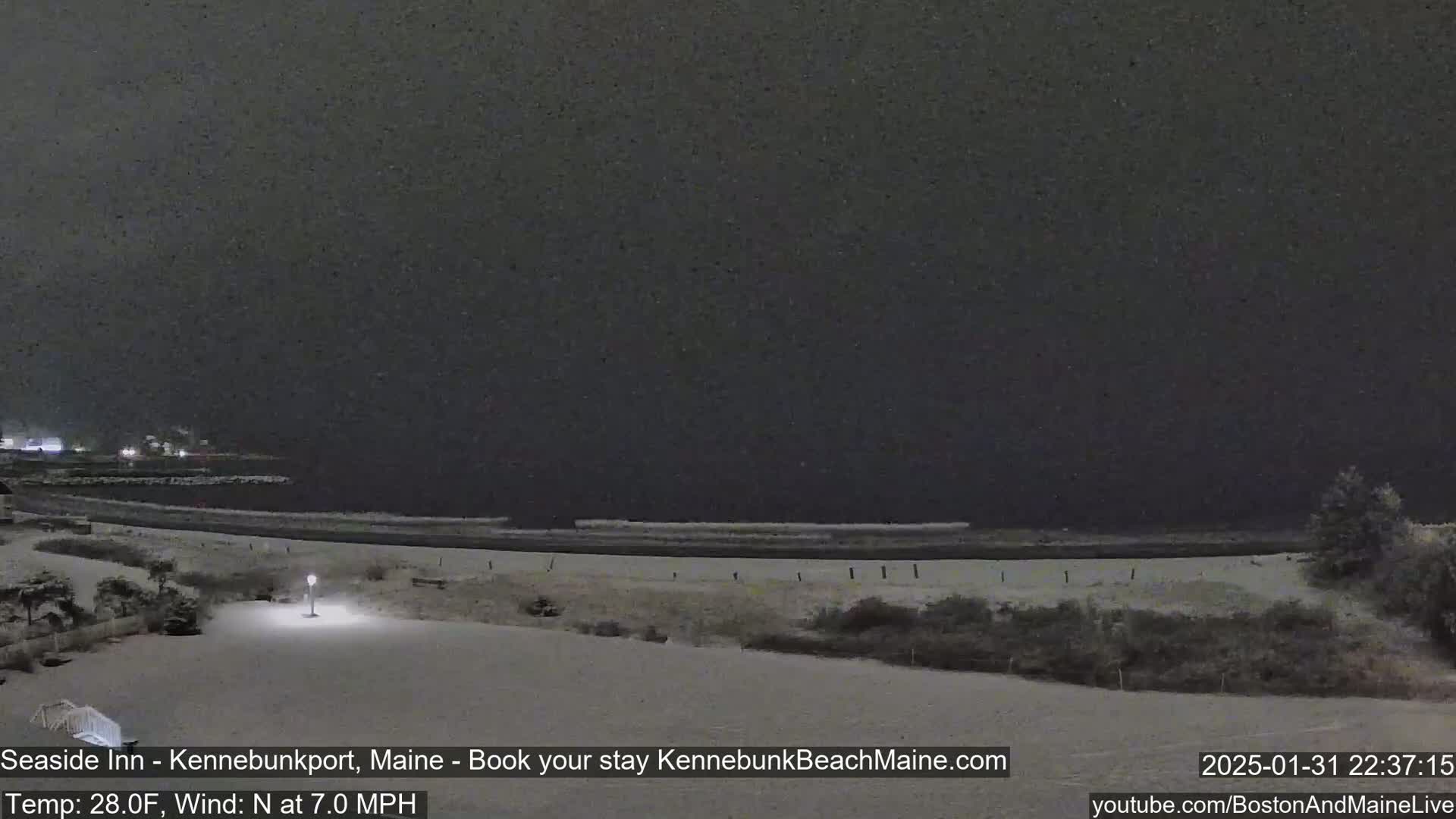 A snow-covered beach at night, with a dark, snow-filled sky and a calm, dark body of water.