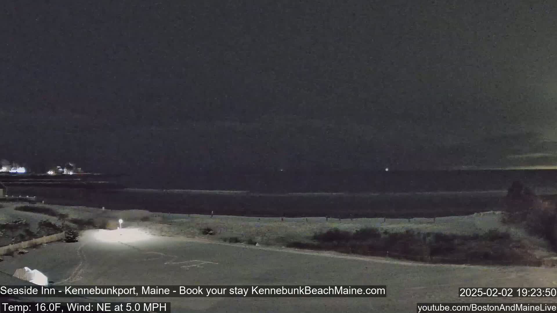 A nighttime view of a snow-covered beach and road near a dark ocean under a clear sky.