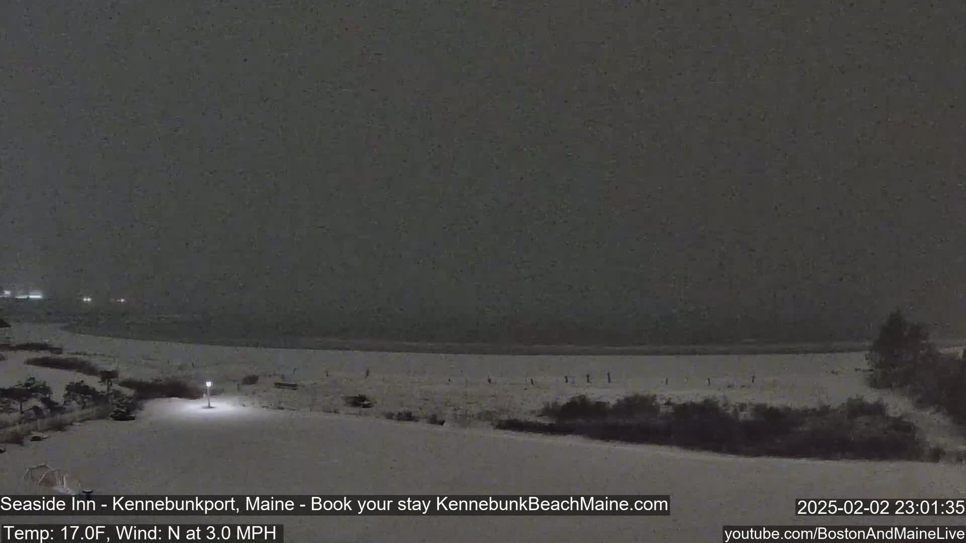 A snow-covered beach and shoreline are visible under a dark, snowy night sky.