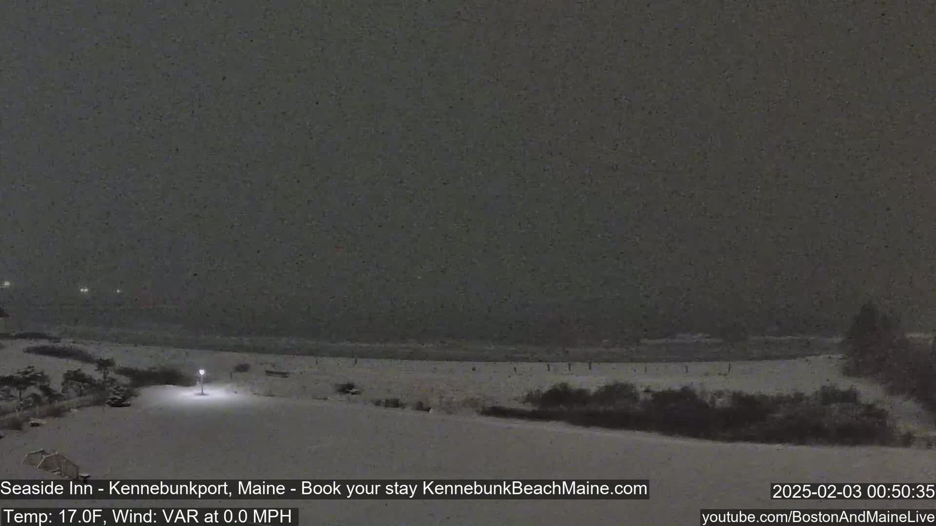 A snow-covered beach scene at night, with light snowfall and calm winds.