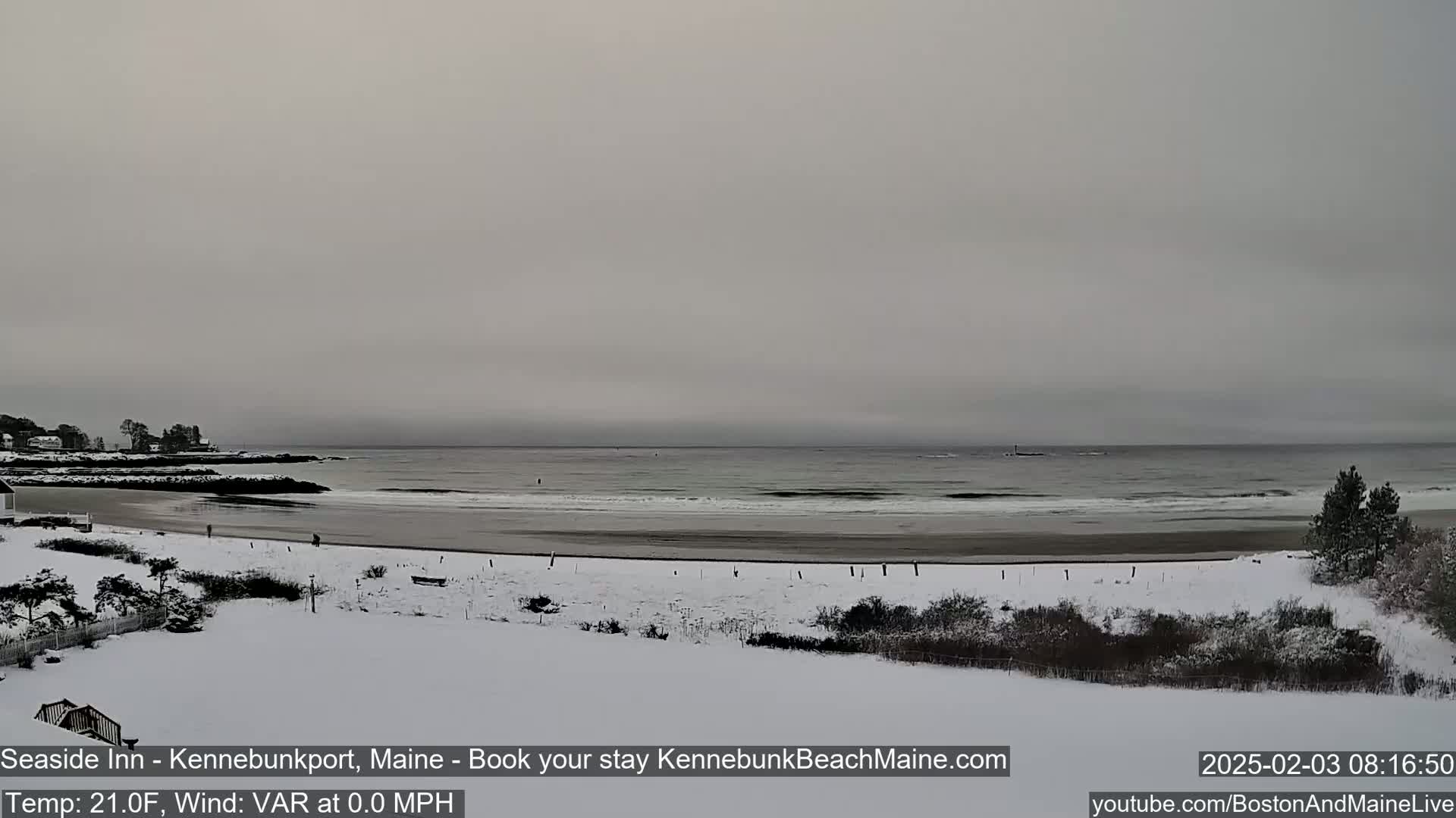 A snow-covered beach and shoreline are visible under an overcast sky, with a calm ocean in the background.