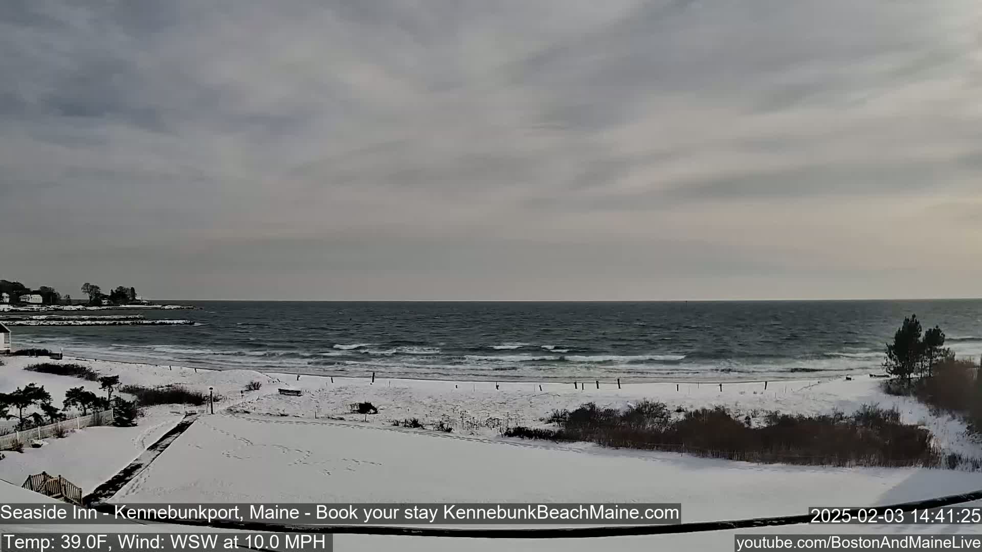 A snow-covered beach with a choppy ocean under an overcast sky is viewed from a slight elevation.