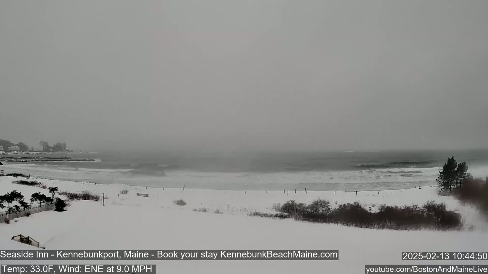 A snow-covered beach scene shows a gray, overcast sky, a choppy ocean with waves breaking on the shore, and a sparsely vegetated landscape.