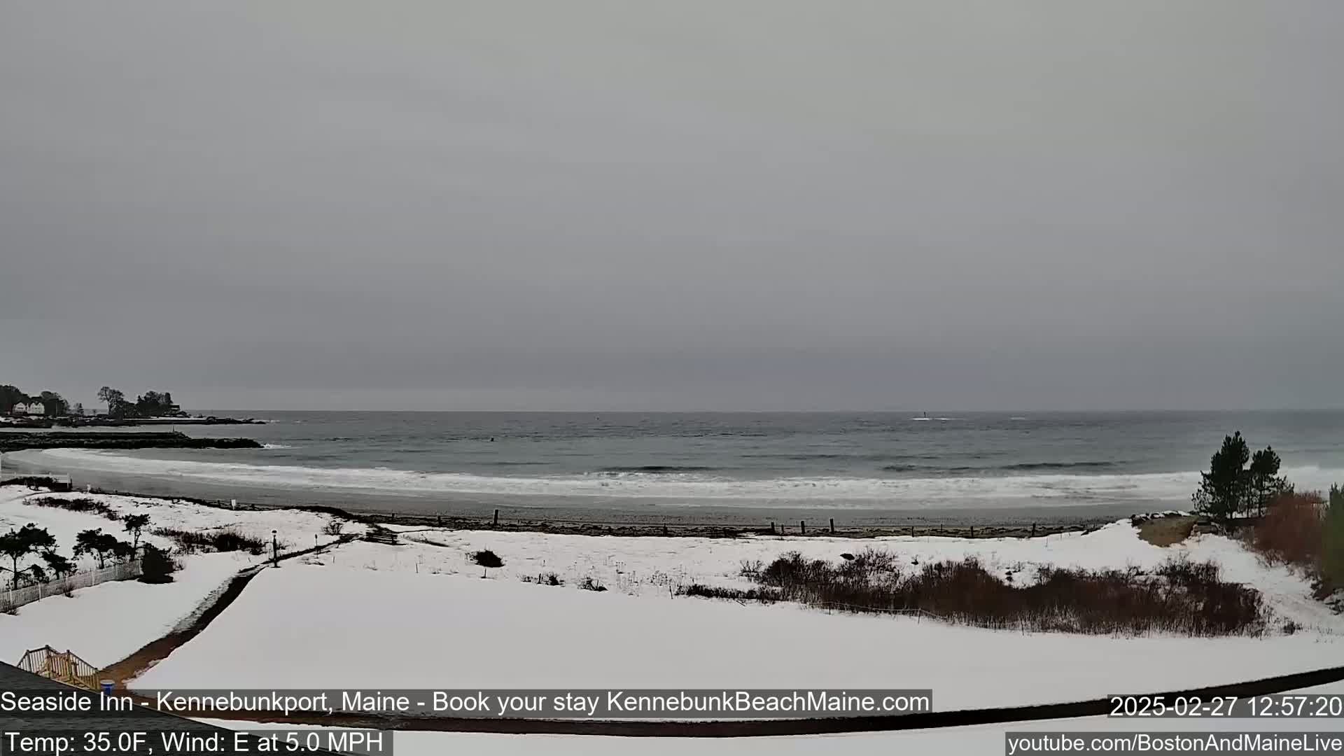 A snow-covered beach and shoreline with a grey, overcast sky and a gently wavy ocean.