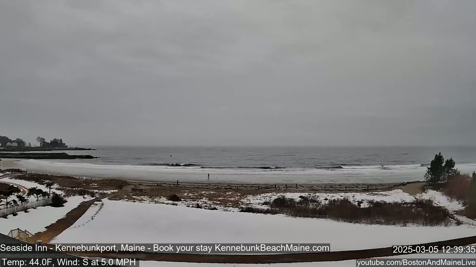 A snow-covered beach with a gray, overcast sky and a calm ocean.