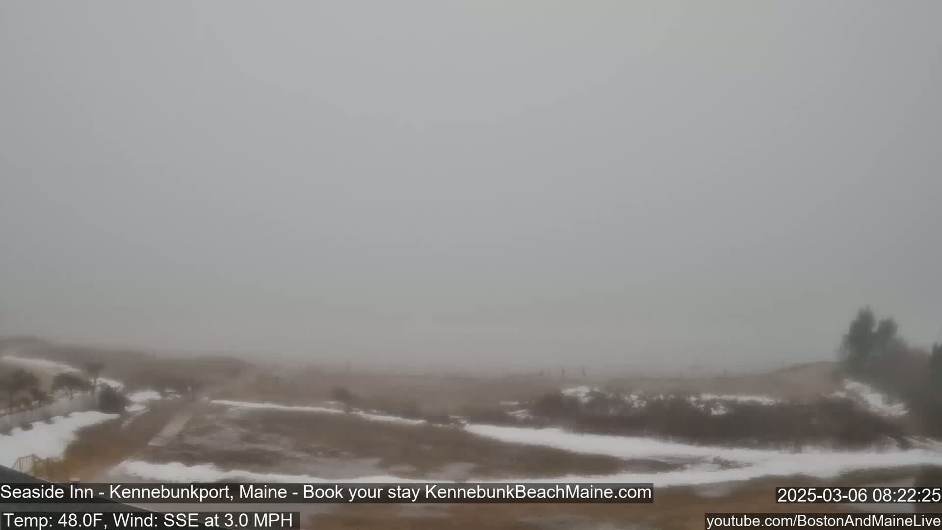 A foggy, snow-dusted landscape stretches to a hazy ocean under a gray sky.