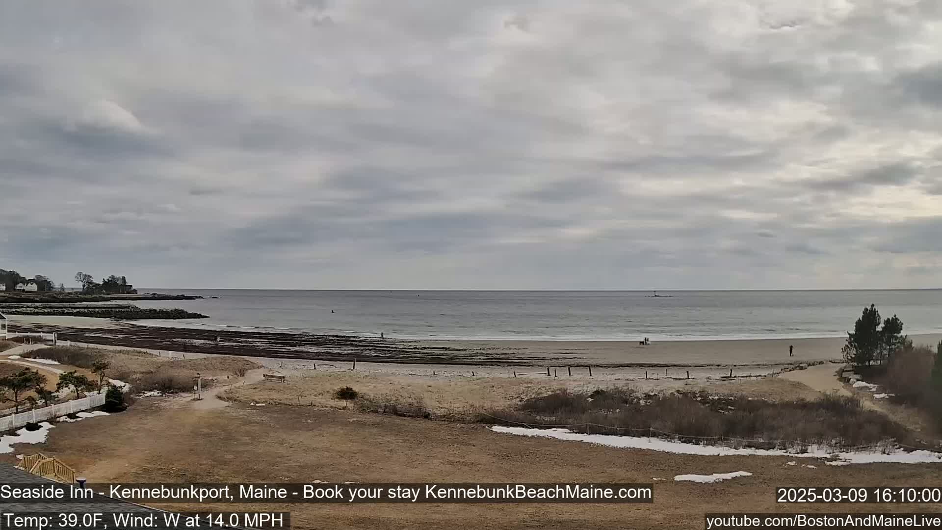 A mostly cloudy day shows a view of a beach with a calm ocean, some people walking on the sand, and patches of snow on the ground.