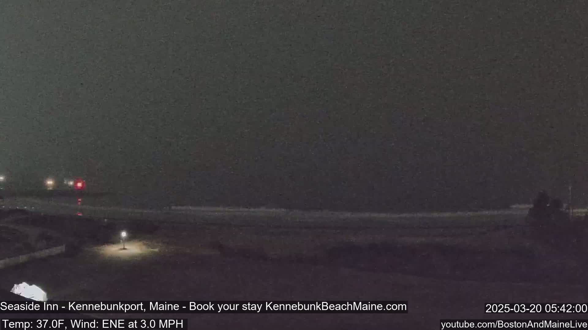 A dark nighttime beach scene with a calm ocean under an overcast sky.