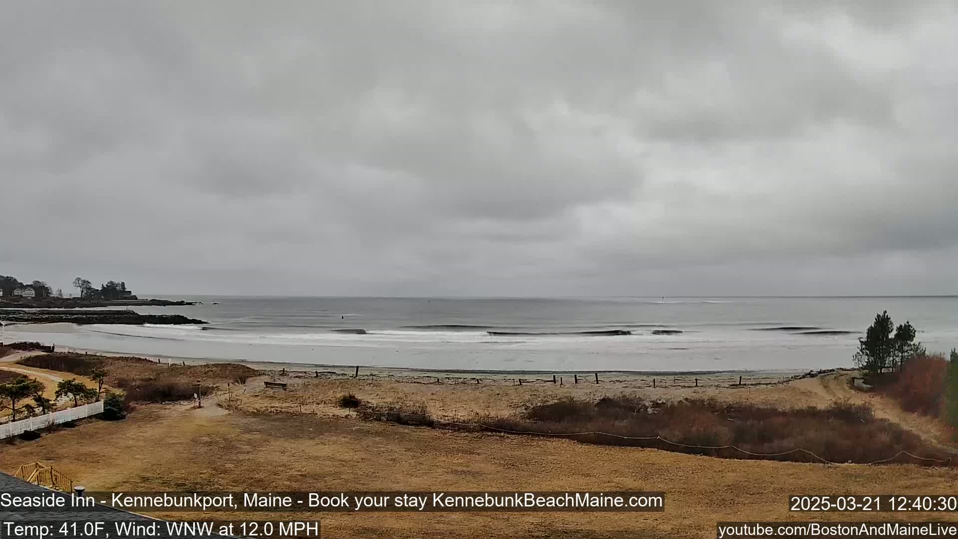 A wide, sandy beach with small waves stretches out to a gray, overcast ocean under a cloudy sky.