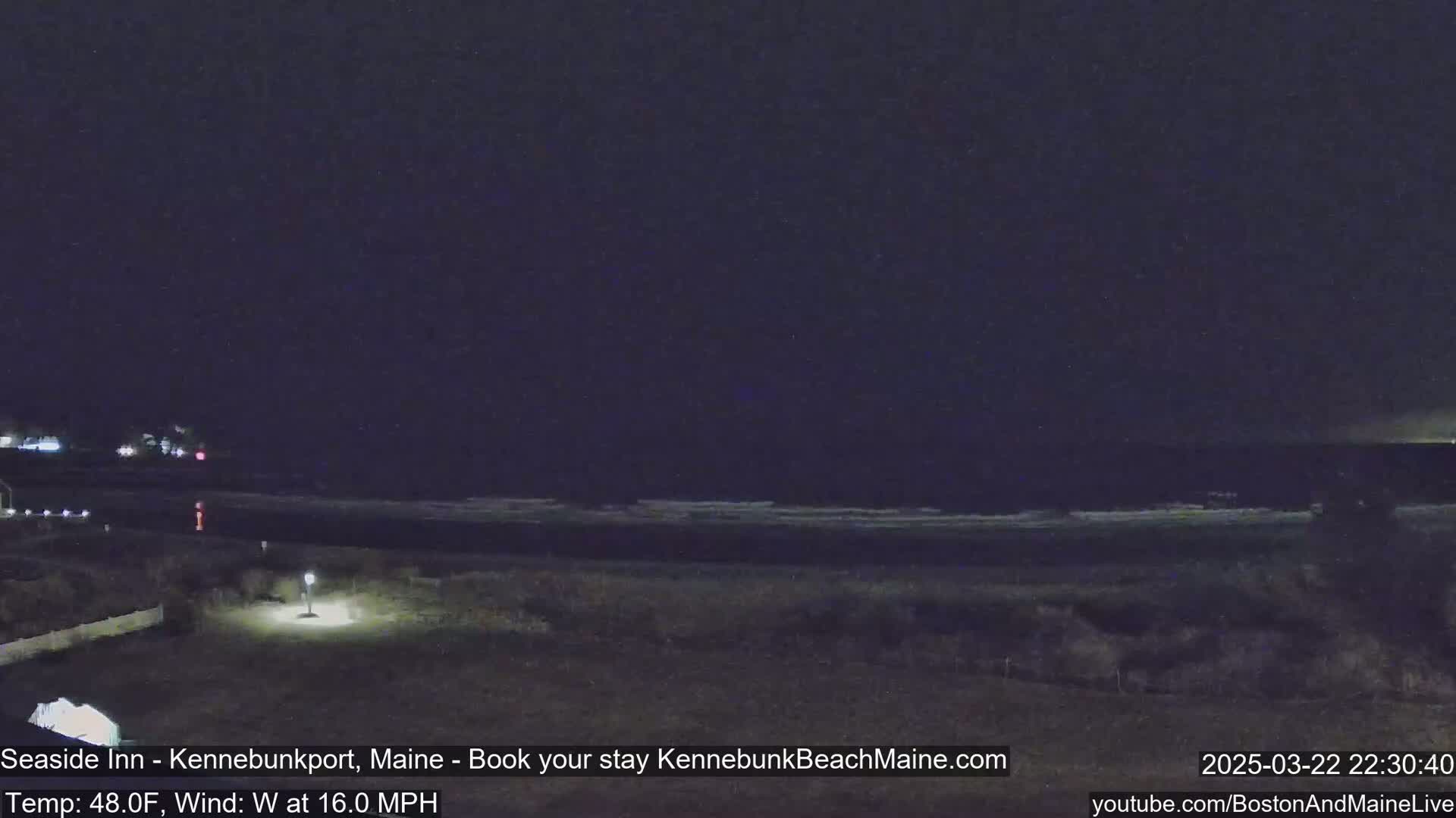 A nighttime view of a dark ocean with small waves under a clear, dark sky.