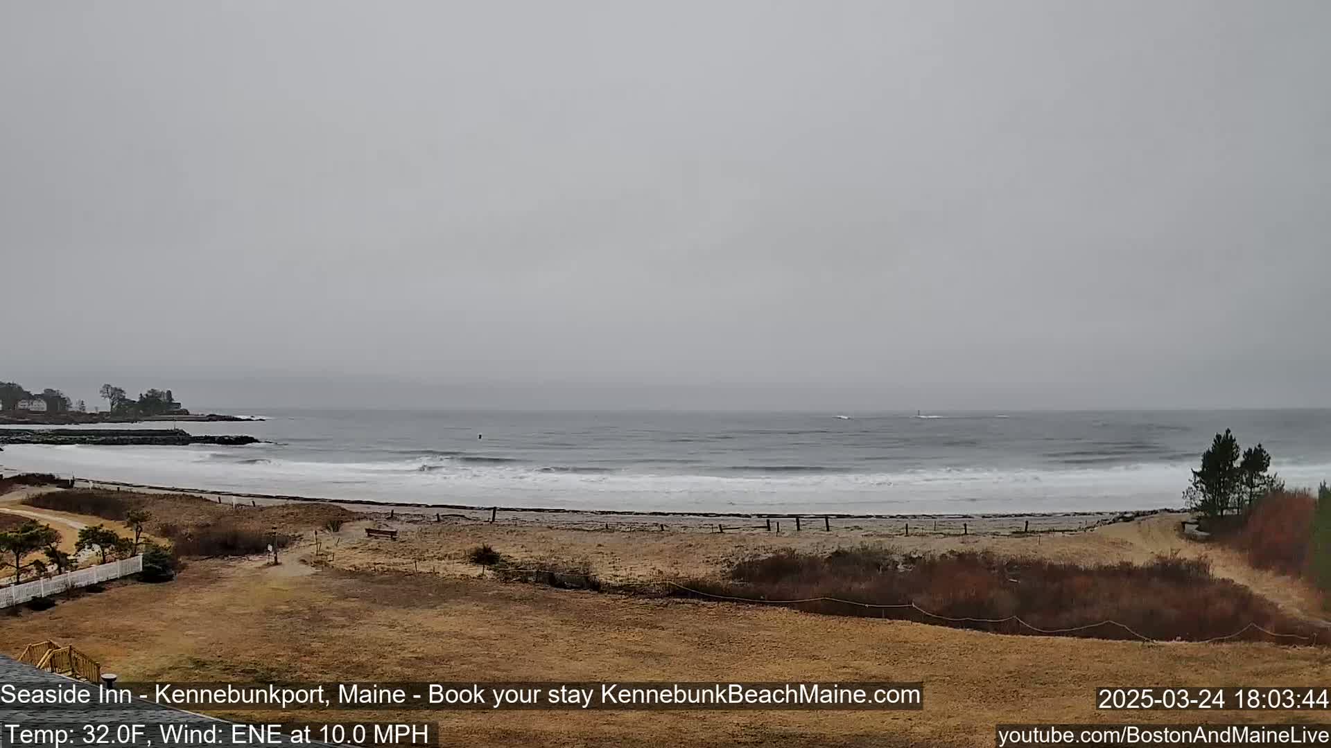 A view of a beach with a gray, overcast sky, moderate waves, and a light brown, barren landscape in the foreground.