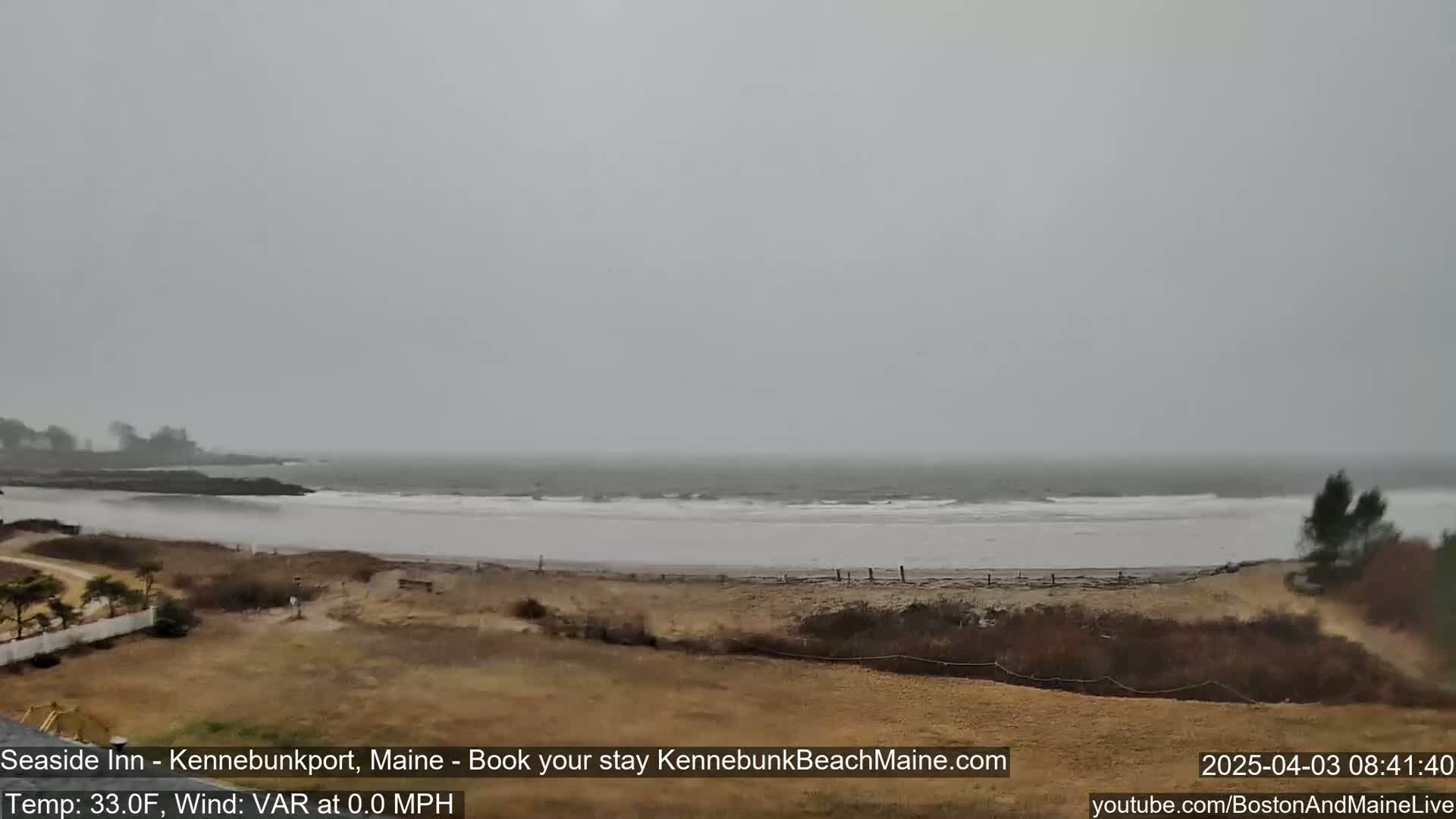A gray, overcast day reveals a beach scene with calm waves lapping the shore, a strip of sand, and sparse, brown vegetation.