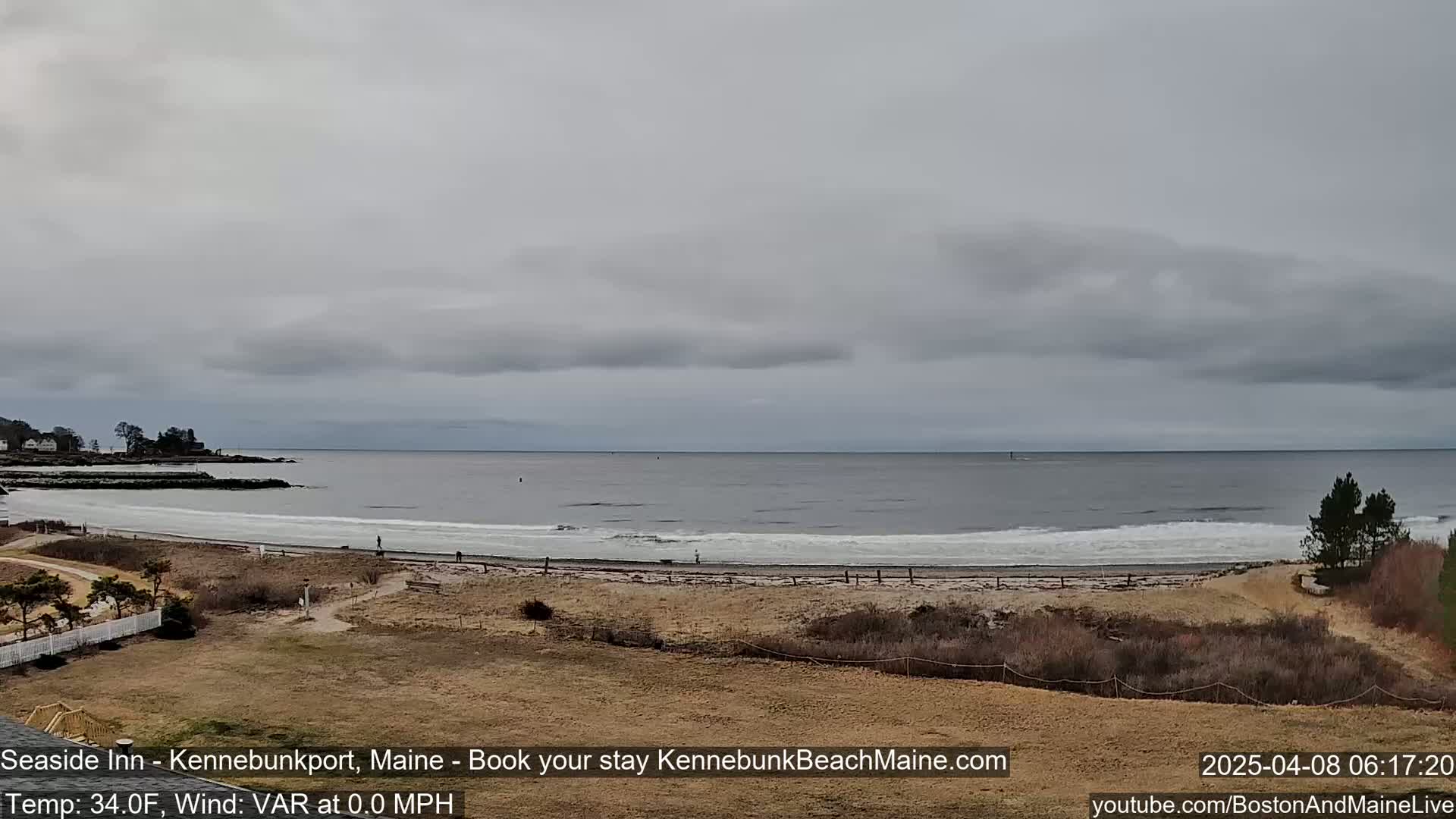 A beach with a calm ocean under an overcast sky.