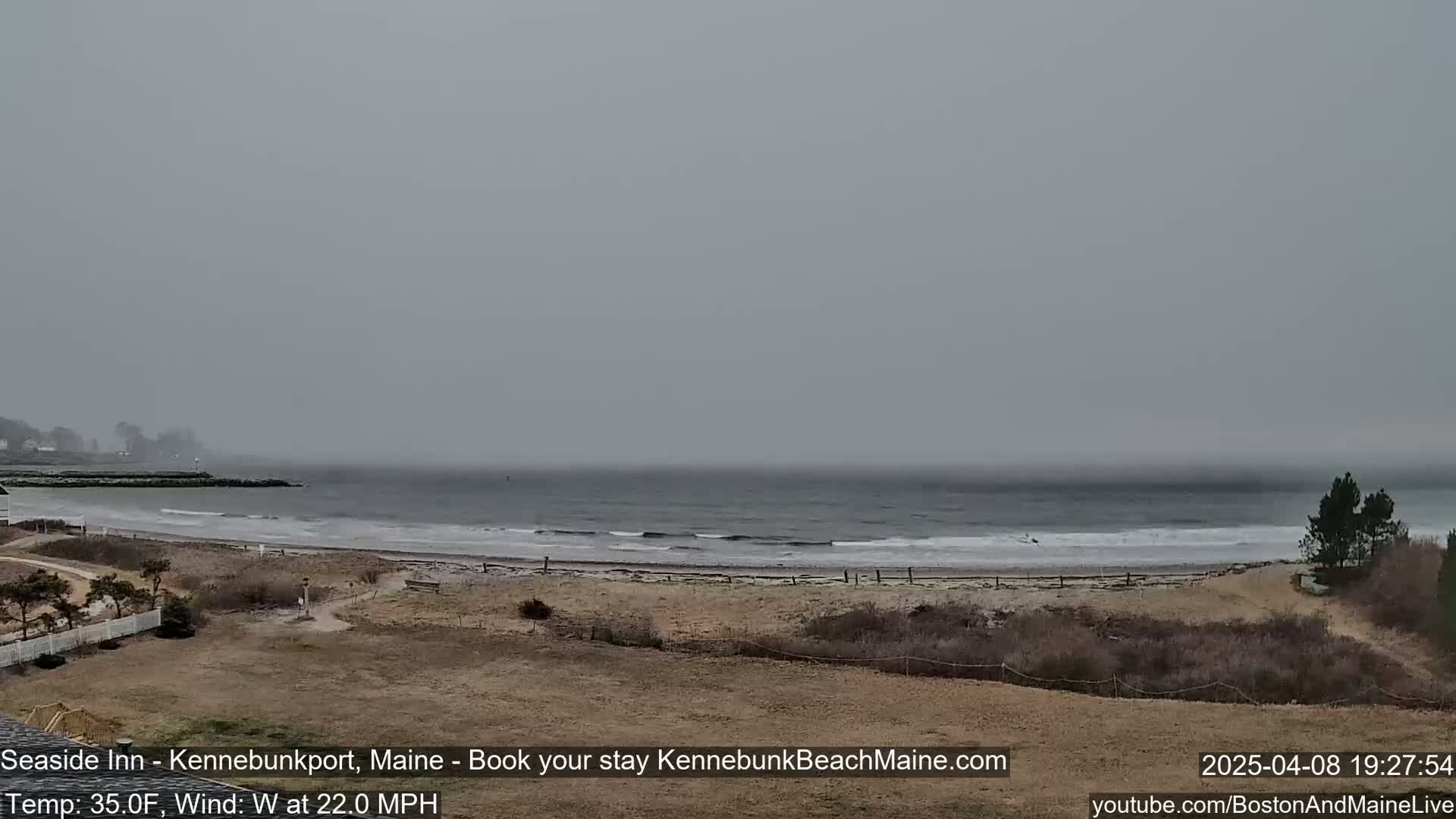 A gray, overcast day shows a beach with small waves and a windy shoreline.