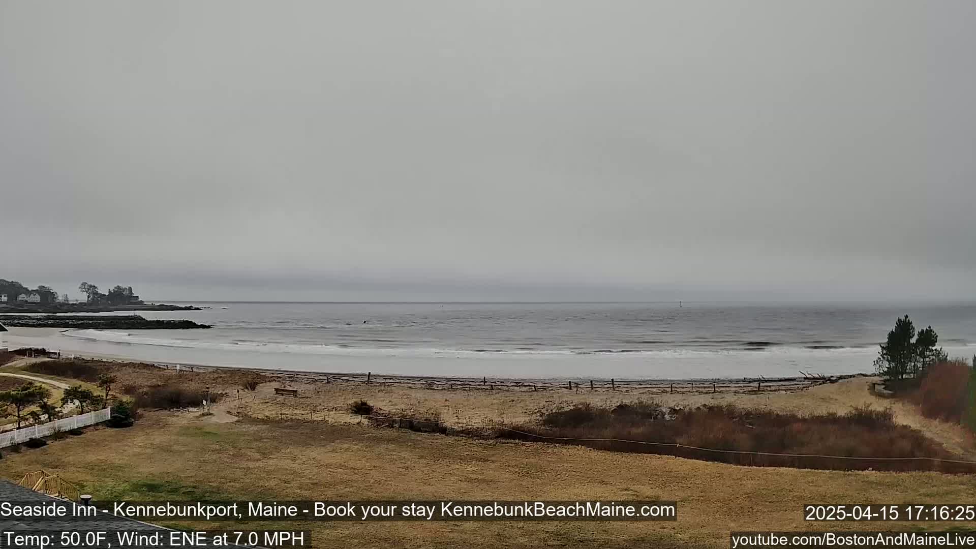 A grey, overcast day shows a beach with a calm ocean and a grassy area in the foreground.