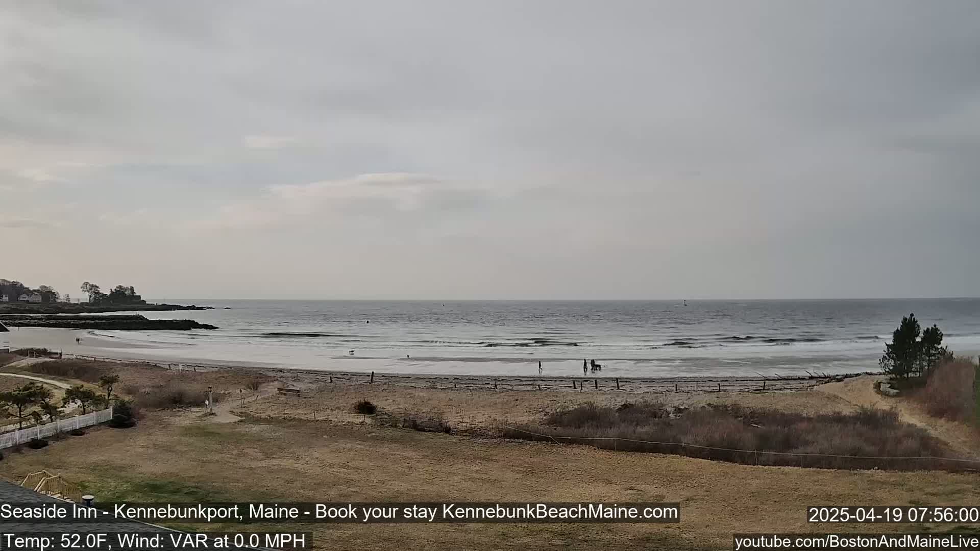 A long, sandy beach stretches along a calm ocean under an overcast sky.