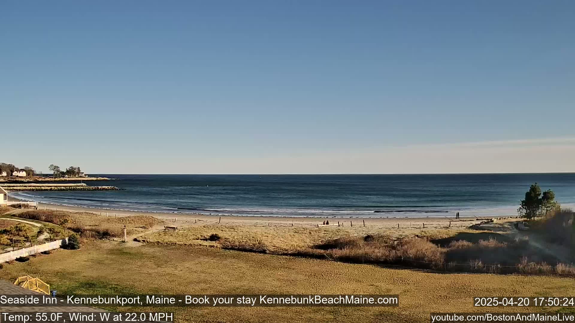 A sandy beach with a calm ocean under a clear blue sky stretches out to the horizon.