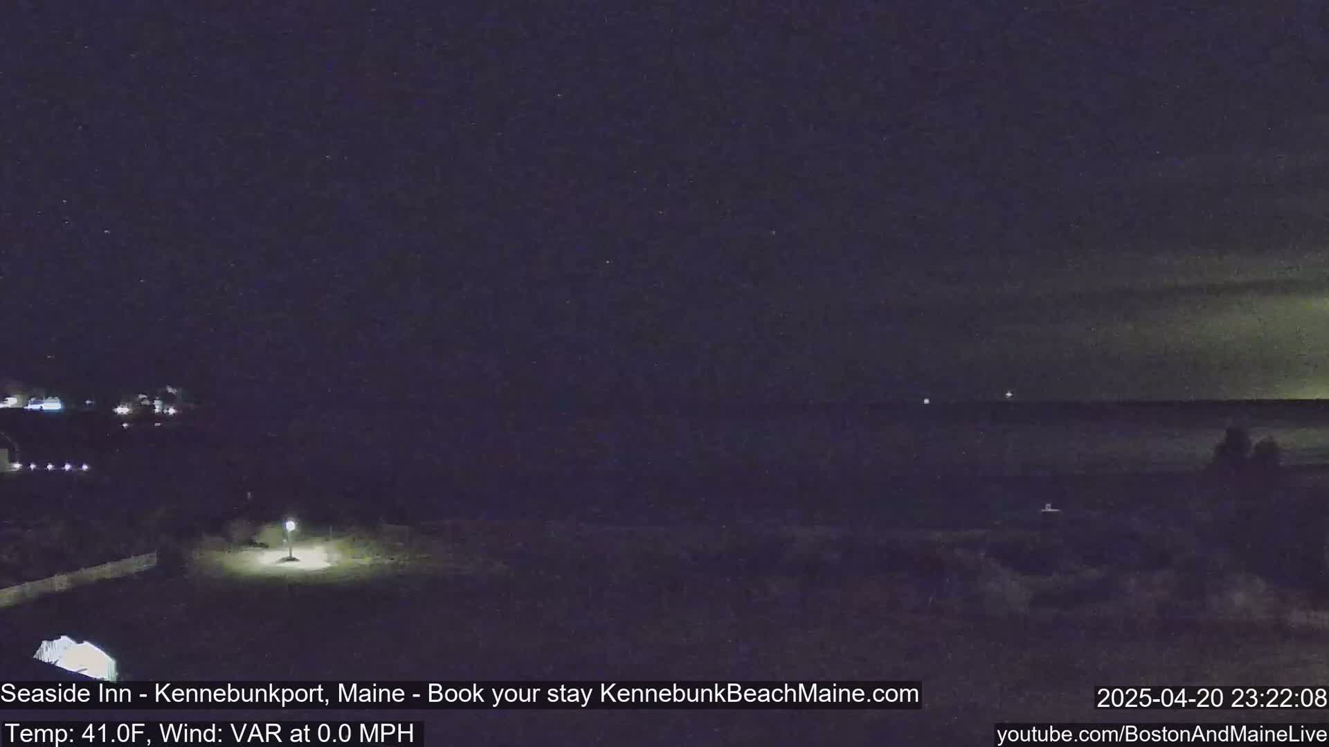 A nighttime, dark view of a coastline under a clear, starry sky.