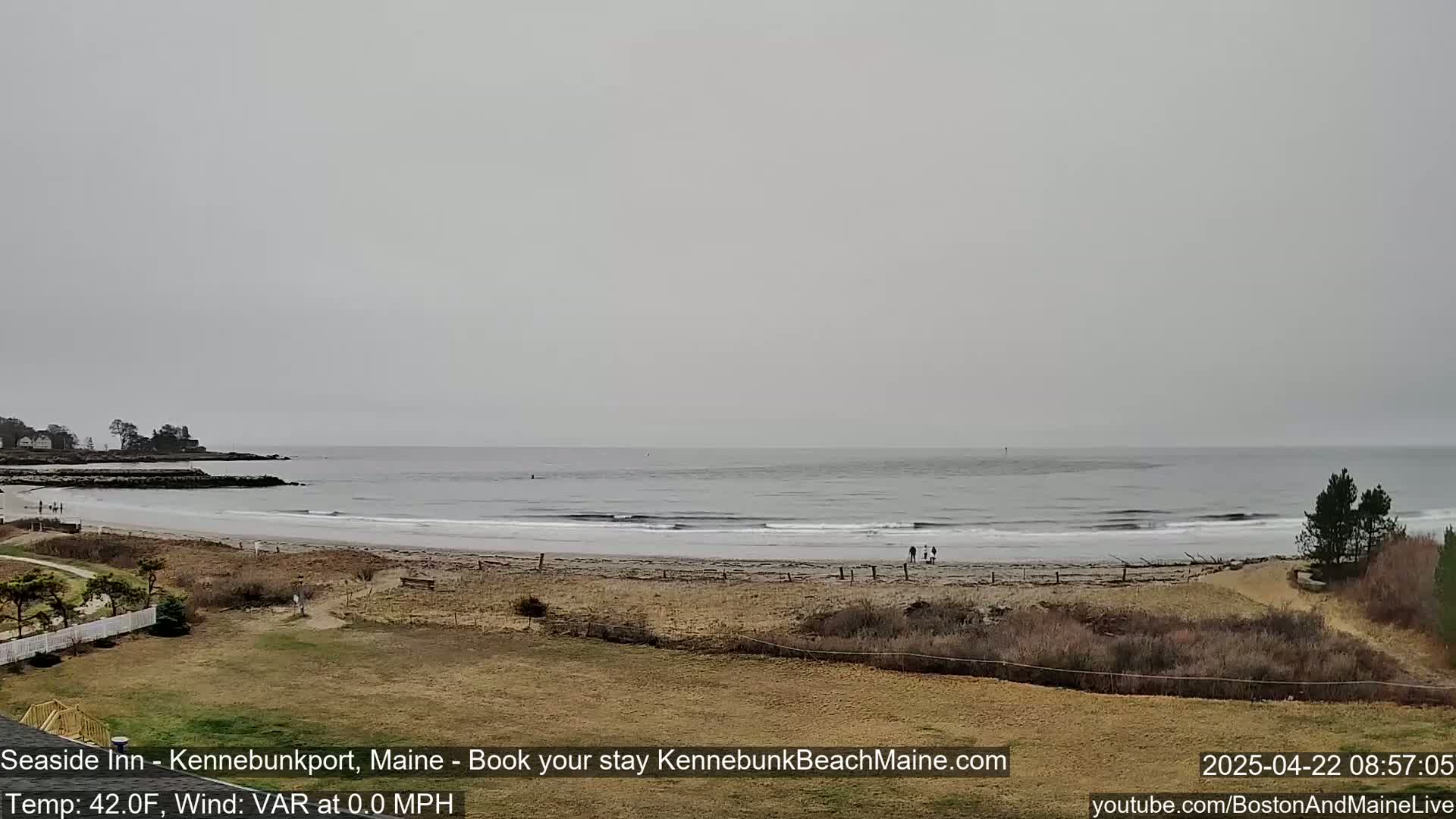 A wide shot of a beach on an overcast day shows a calm ocean with small waves and a few people walking on the sandy shore.