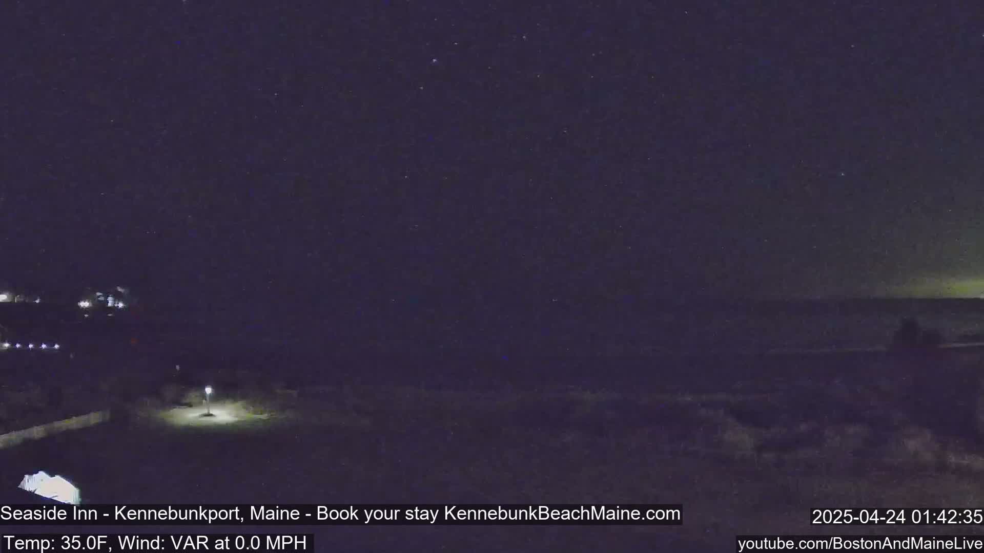 A nighttime view of a dark ocean under a mostly clear, starry sky, with a dimly lit, grassy area in the foreground.