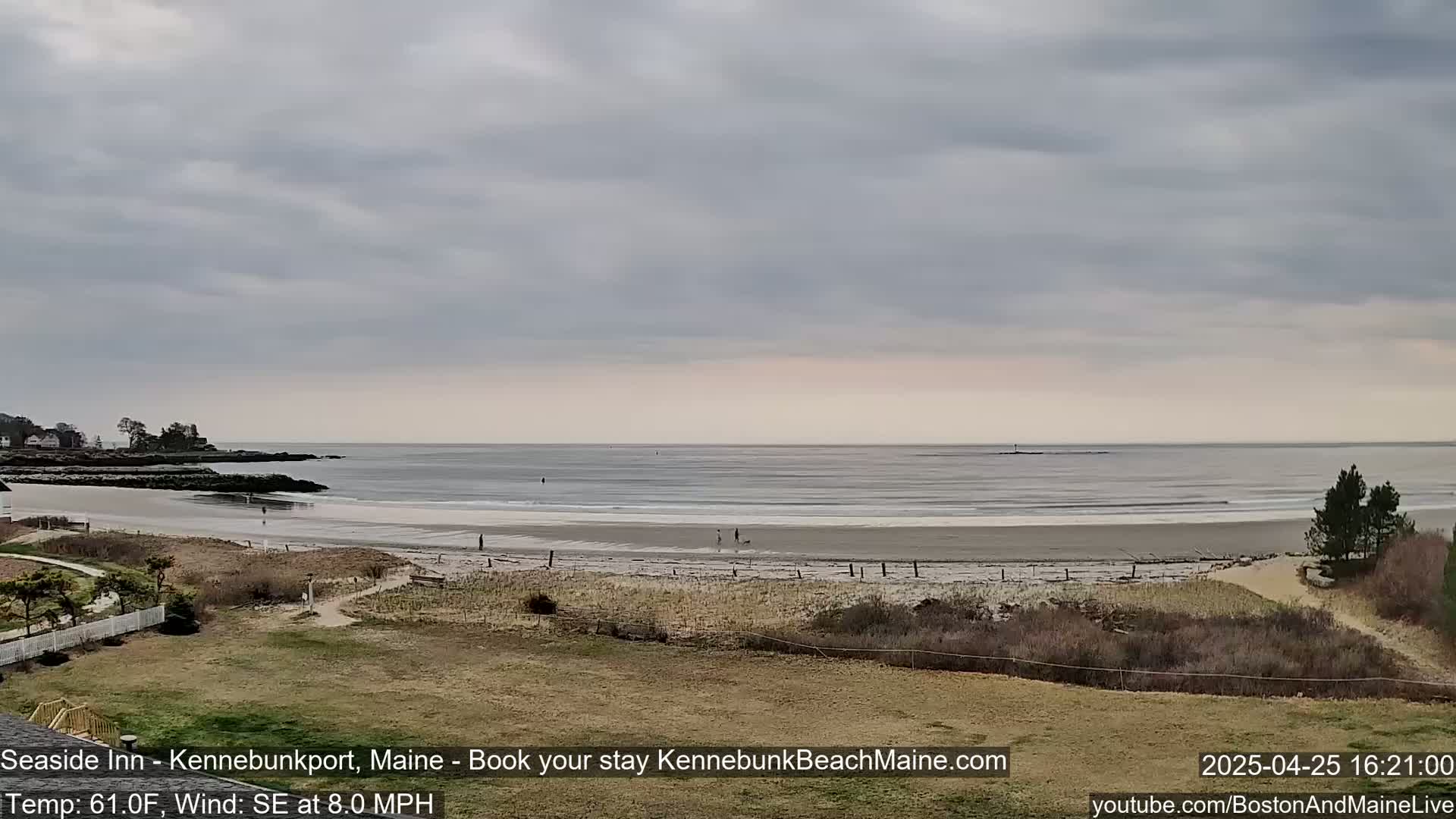 A wide shot of a beach with a few people and some small waves under an overcast sky.