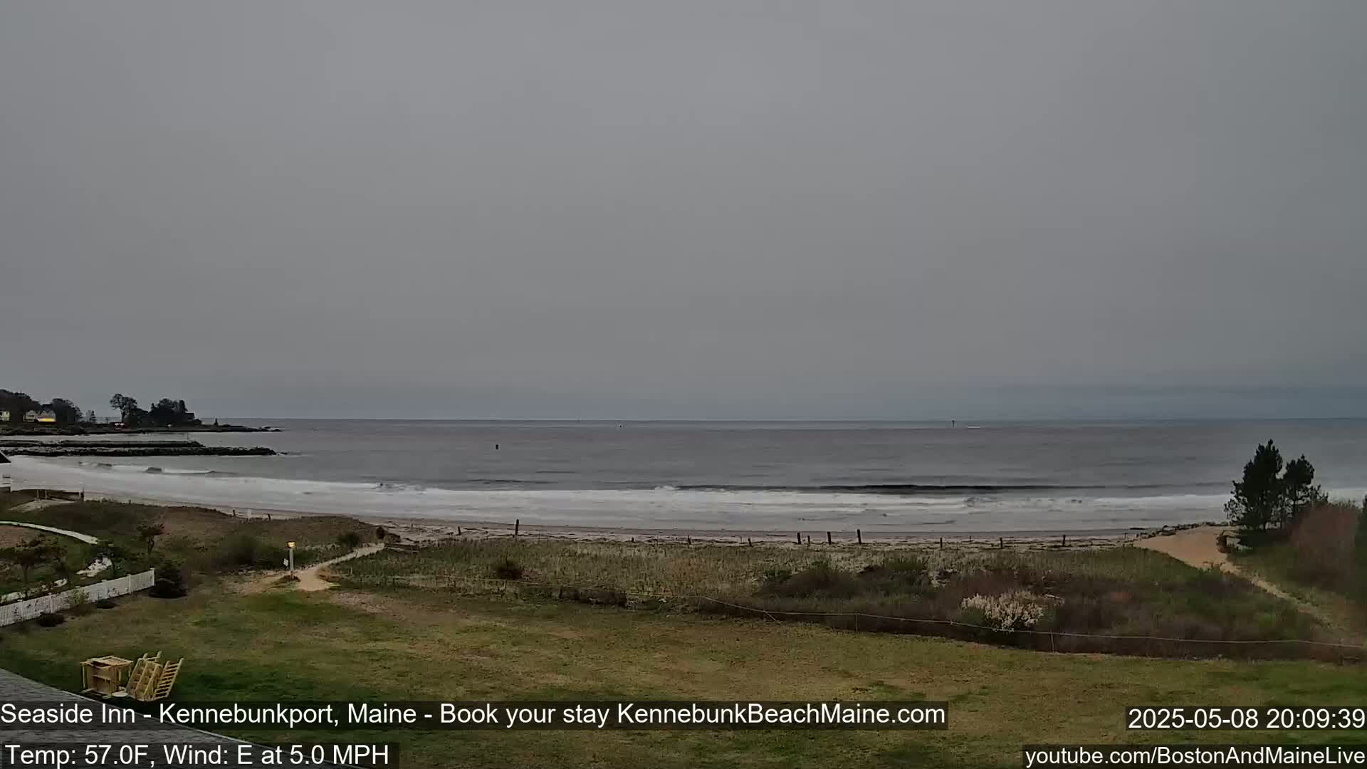 A grey, overcast sky hangs over a calm ocean beach with small waves lapping the shore, backed by green grass and a few trees.