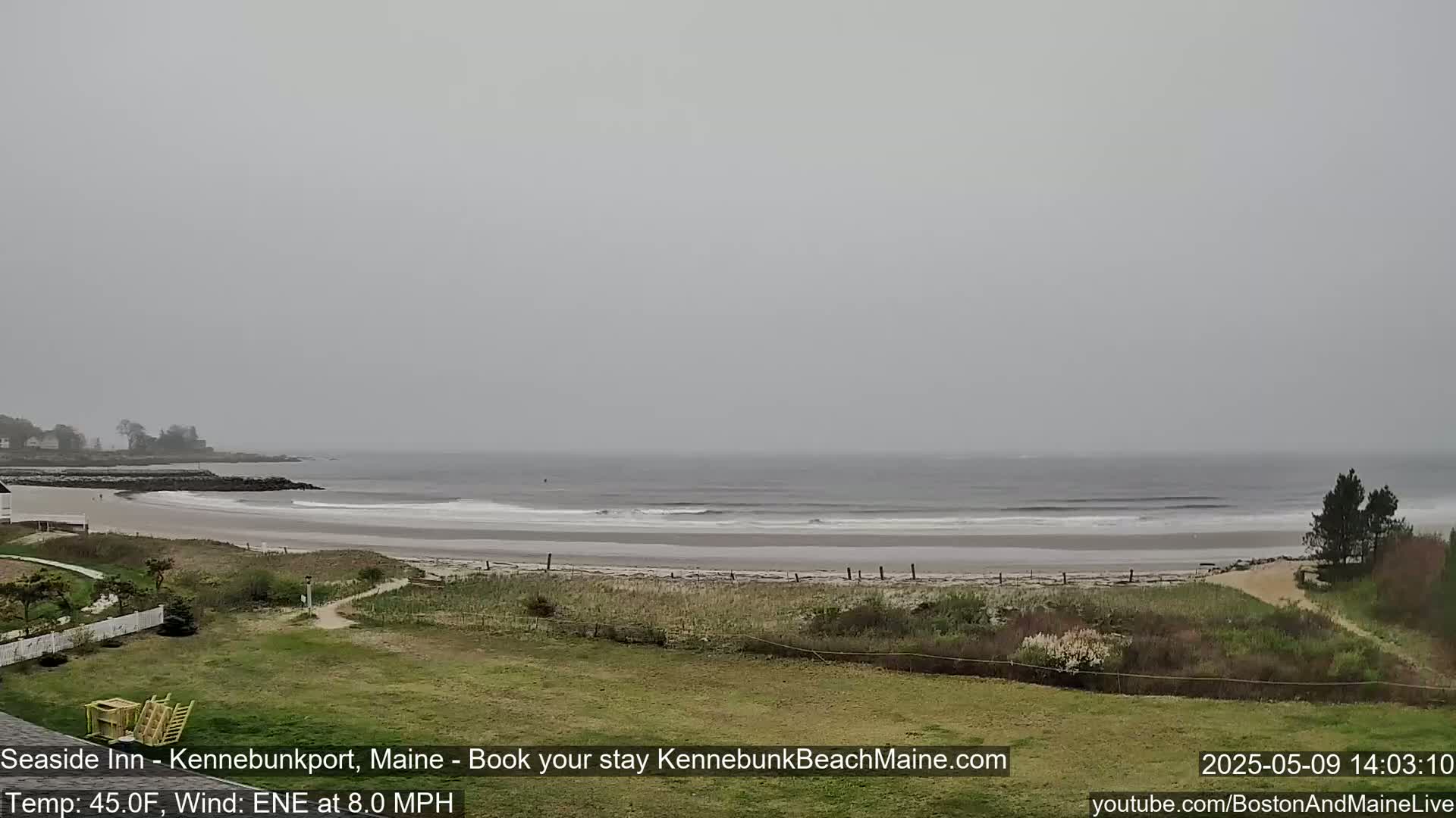 A gray, overcast day shows a view of a sandy beach, calm ocean, and grassy area with some vegetation.