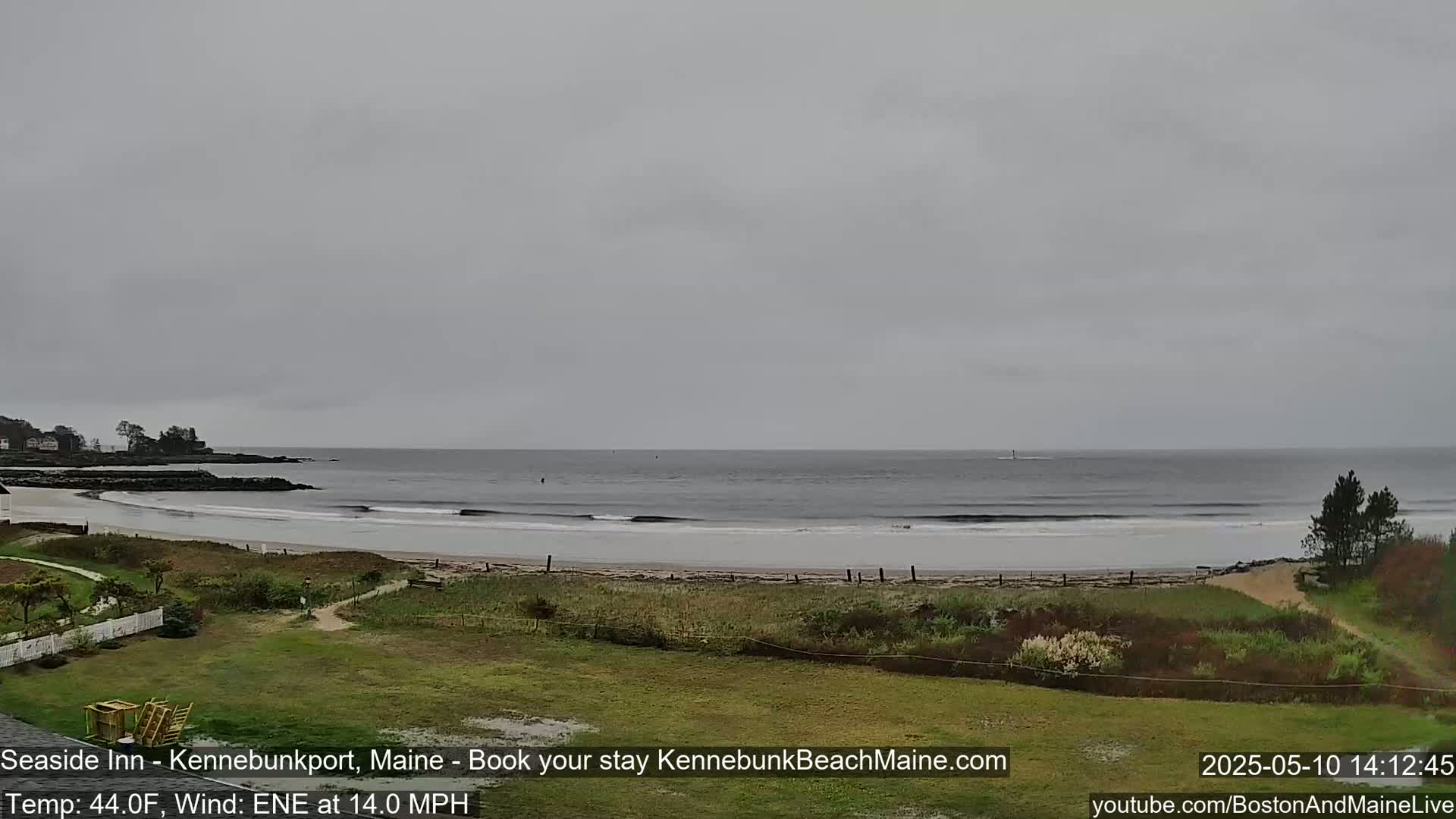 A sandy beach with gentle waves stretches along a calm gray ocean under an overcast sky.