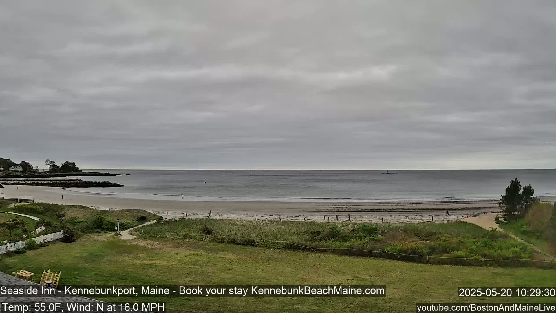 A sandy beach stretches to a calm ocean under an overcast sky.