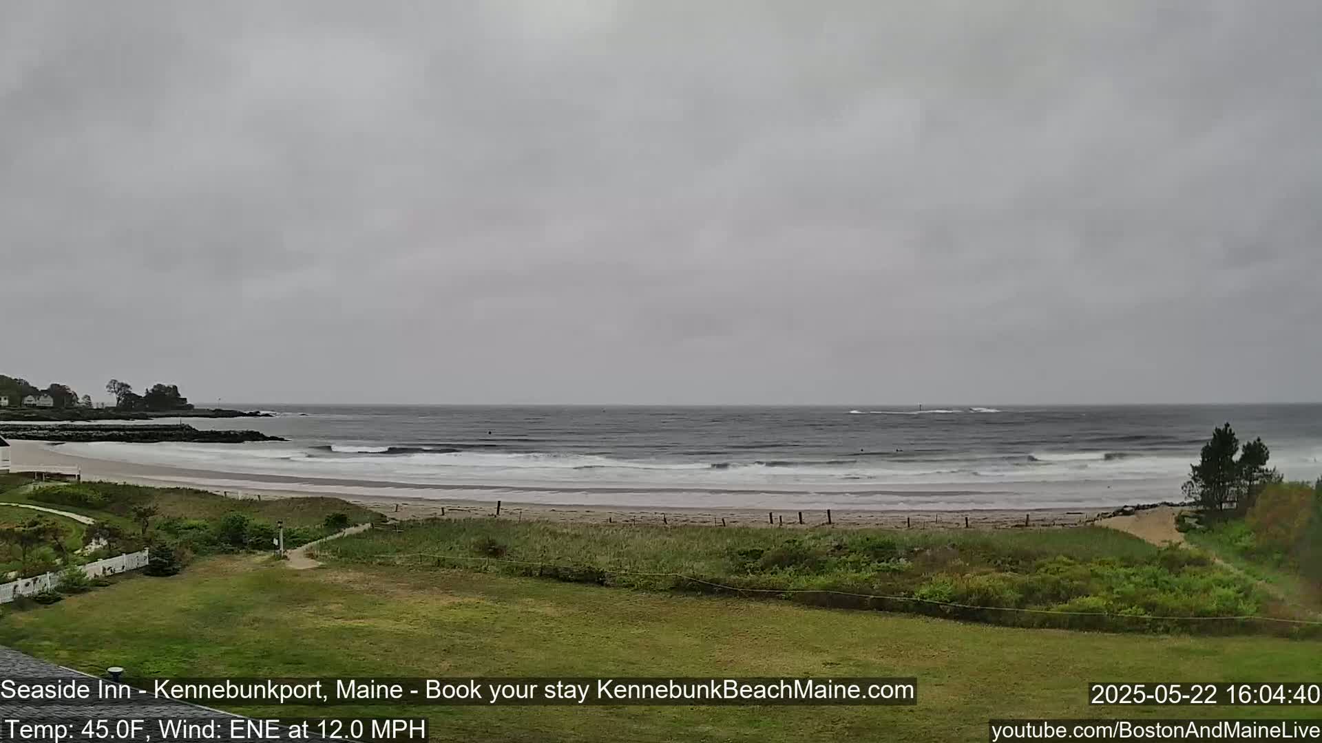 A mostly cloudy, overcast day shows a sandy beach with small waves lapping the shore, backed by green grass and a few trees.