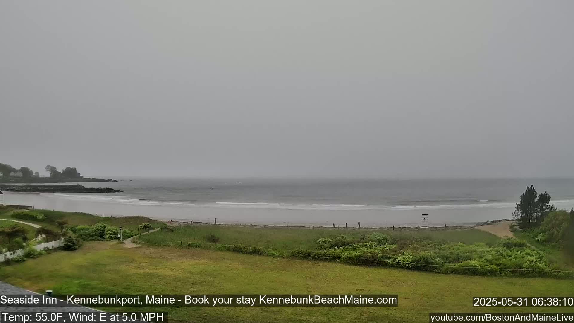 A gray, overcast day shows a beach with calm waves, a grassy area, and some trees in the foreground, all under a hazy sky.