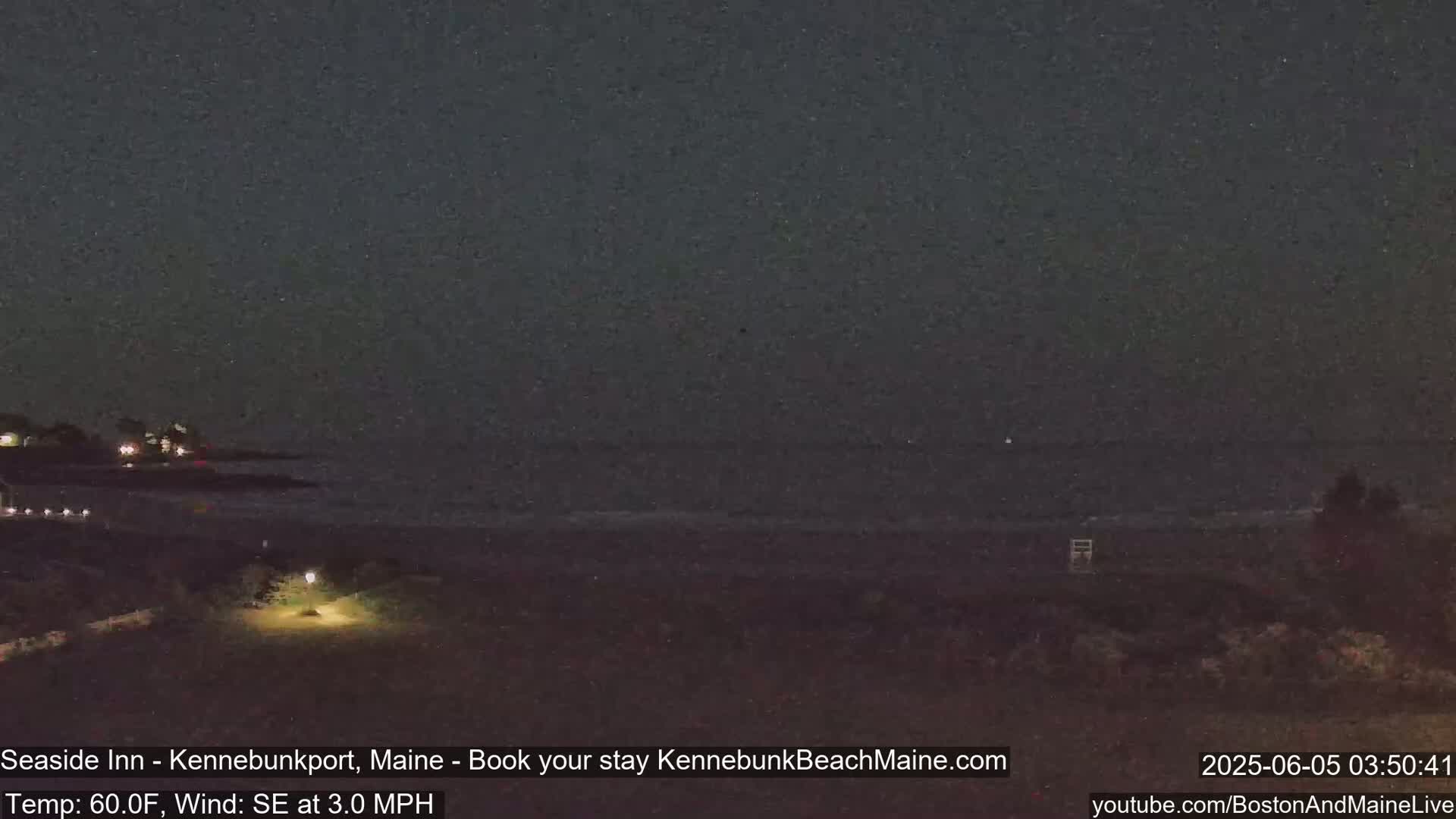 A nighttime view of a dark ocean with a calm, gently lapping shoreline, under a clear, dark sky.