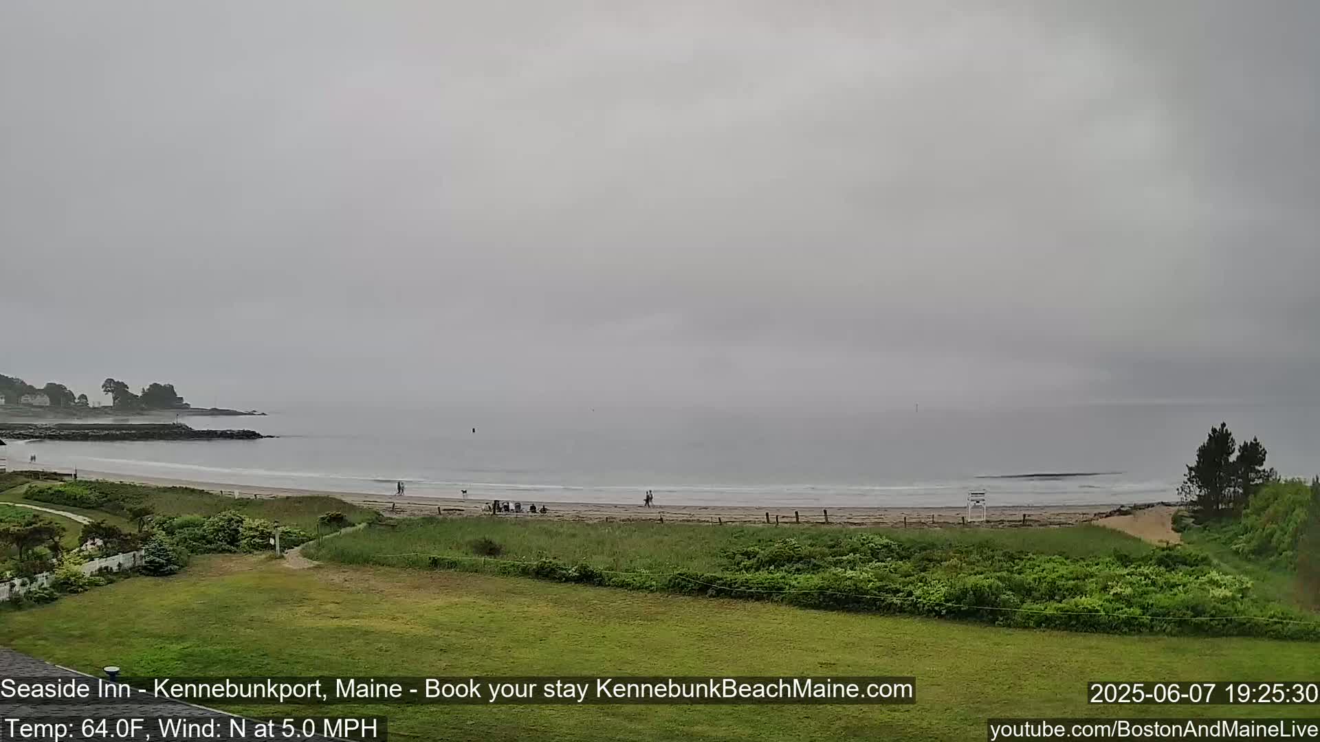A beach with a few people on it is visible from a grassy area, under an overcast sky.