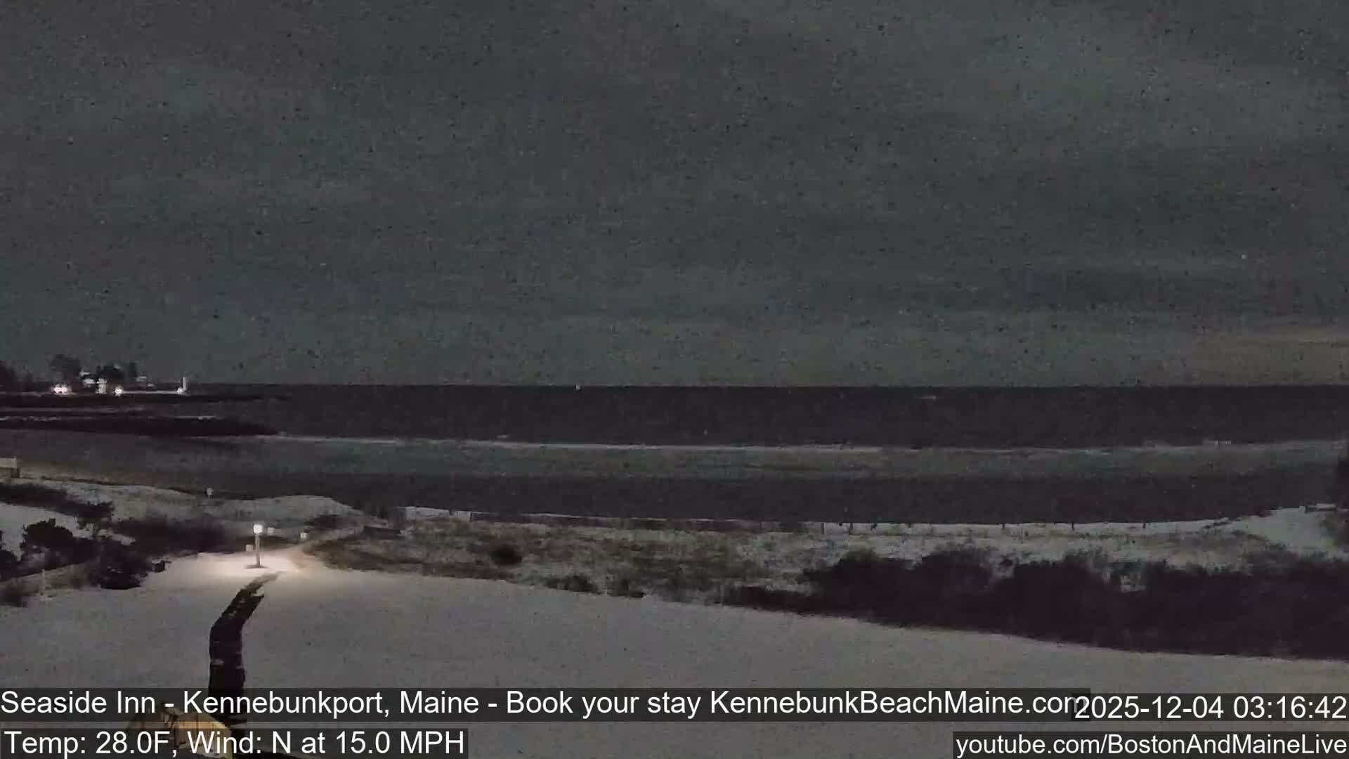 A dark winter night scene shows a snow-covered beach and ocean under a sky where snow is visibly falling, illuminated by a pathway lamp in the foreground and distant building lights.