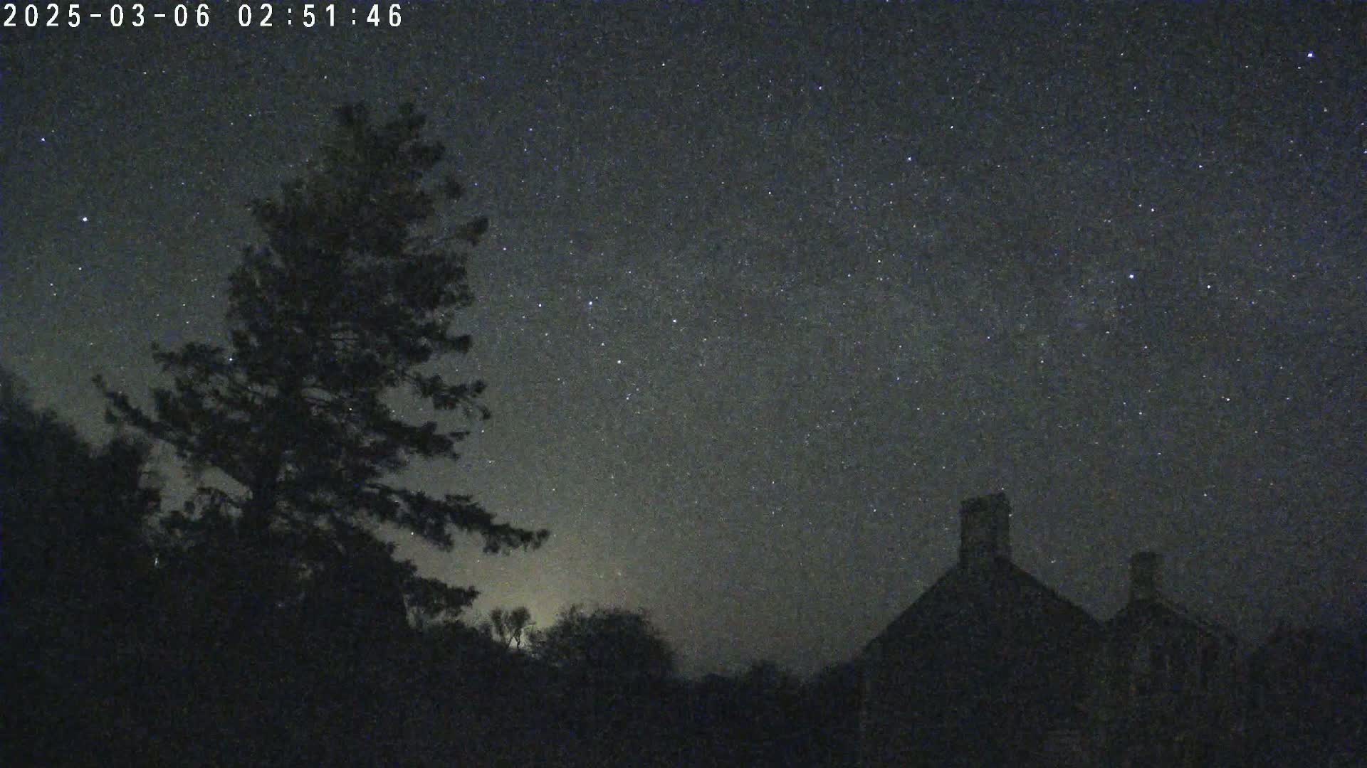 Under a clear, star-filled night sky, the silhouettes of trees and buildings are visible against a dark horizon.