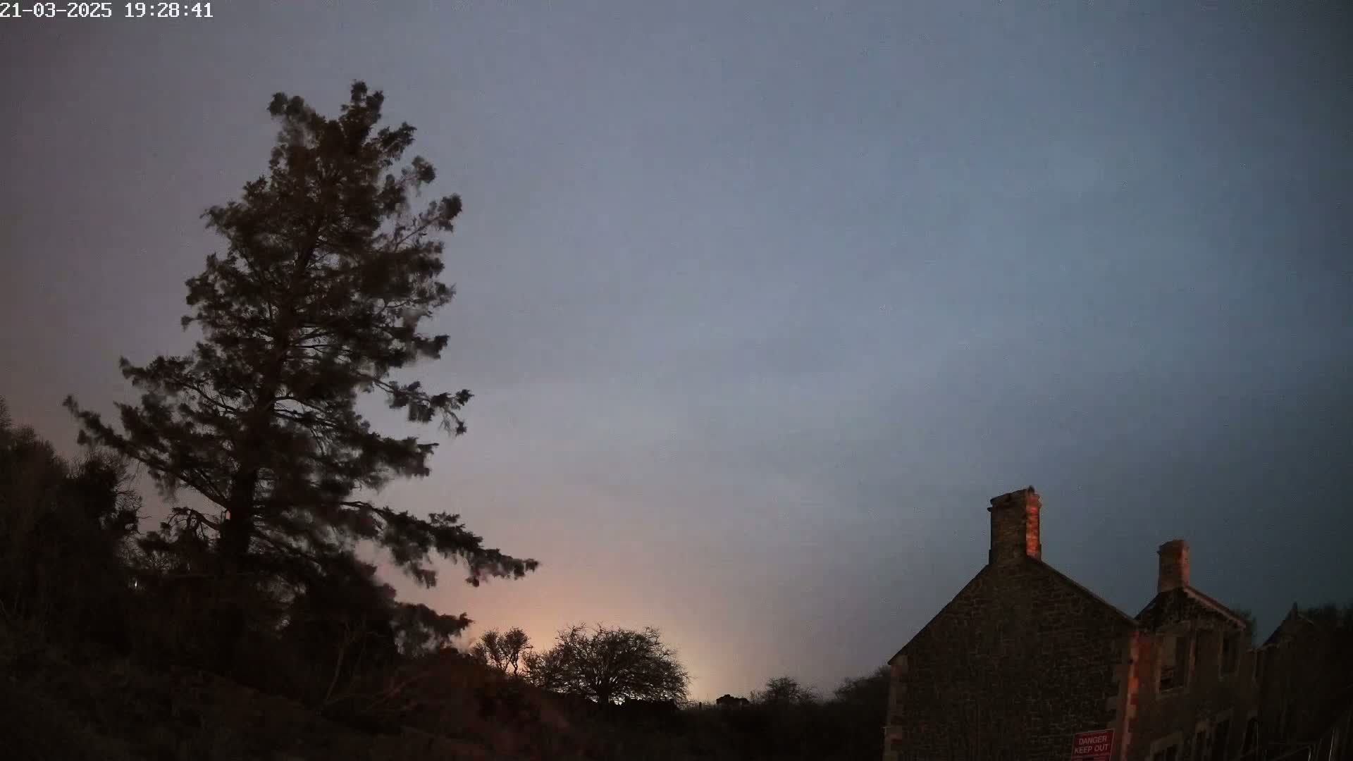 A large silhouetted pine tree stands to the left of a stone building under a twilight sky.