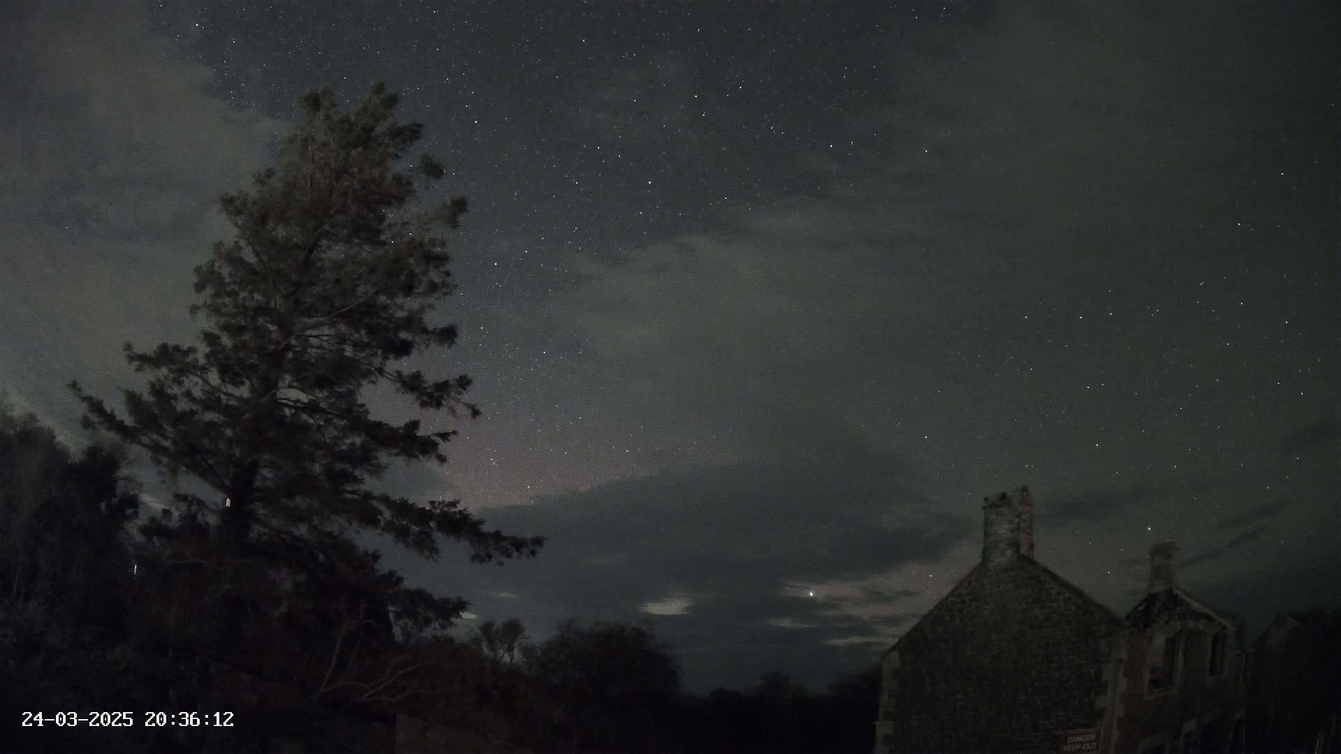 Under a partly cloudy night sky filled with stars, a tall, dark tree stands beside a stone building with a chimney.