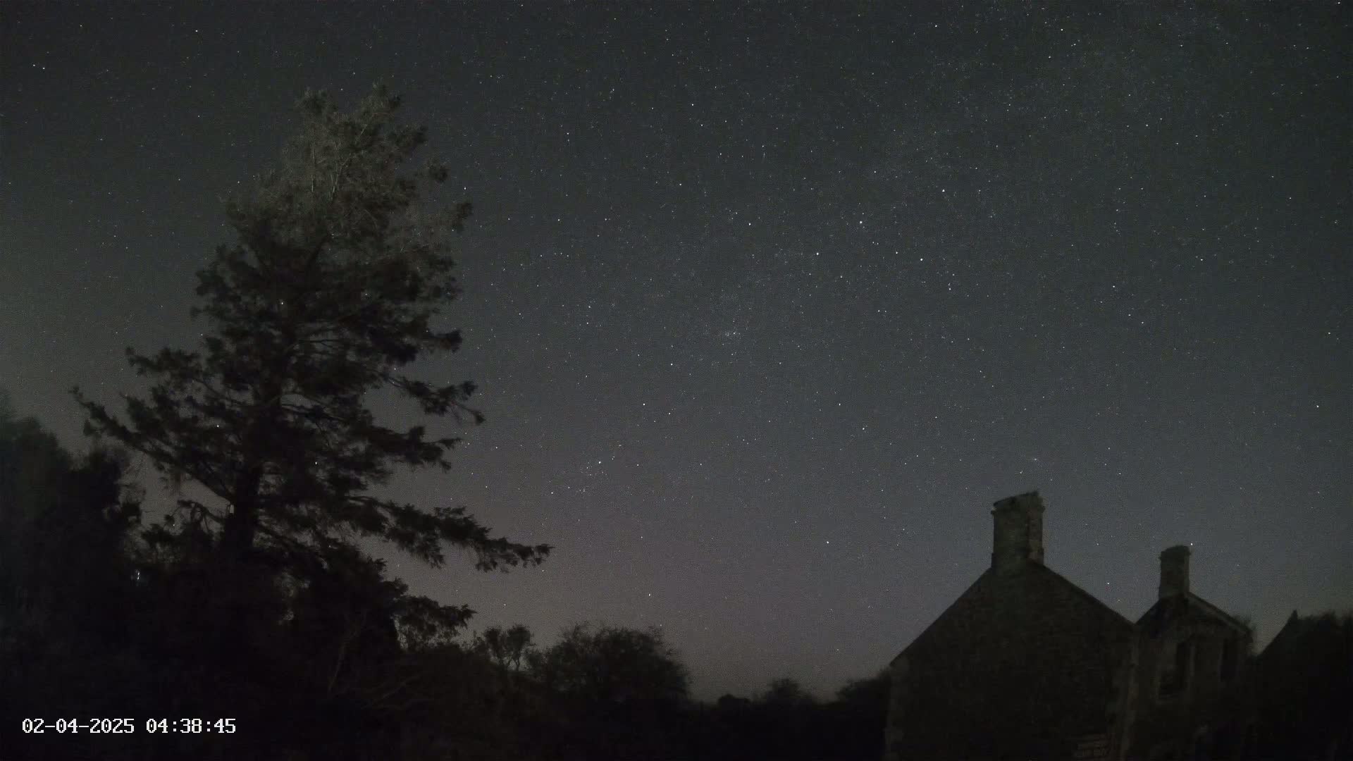A dark silhouette of a tree and a stone building are seen under a clear night sky full of stars.