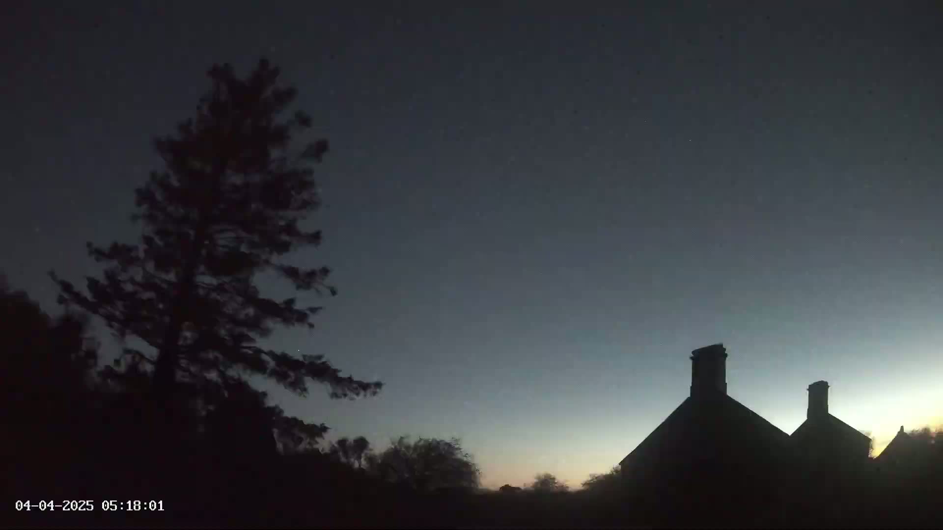 The silhouettes of a tall tree and two houses with chimneys are visible against a twilight sky.